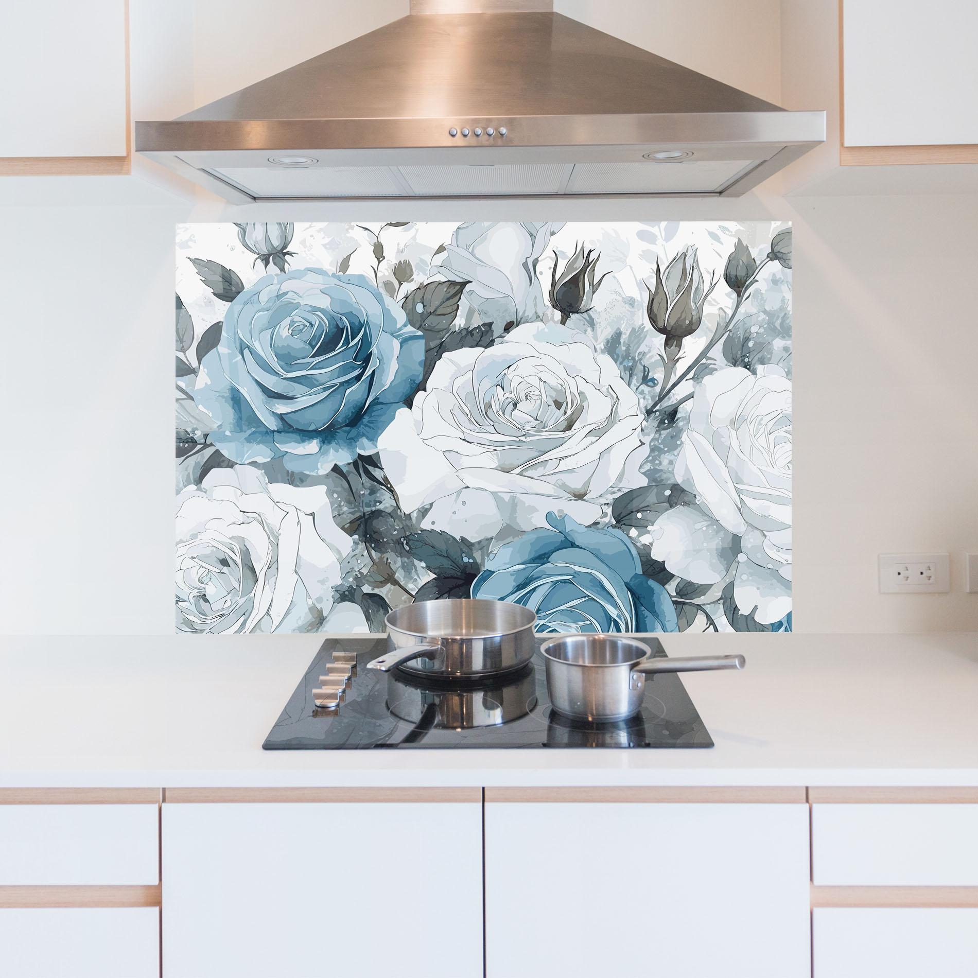 Стъклен панел за кухня Blue White Rose mockup 5