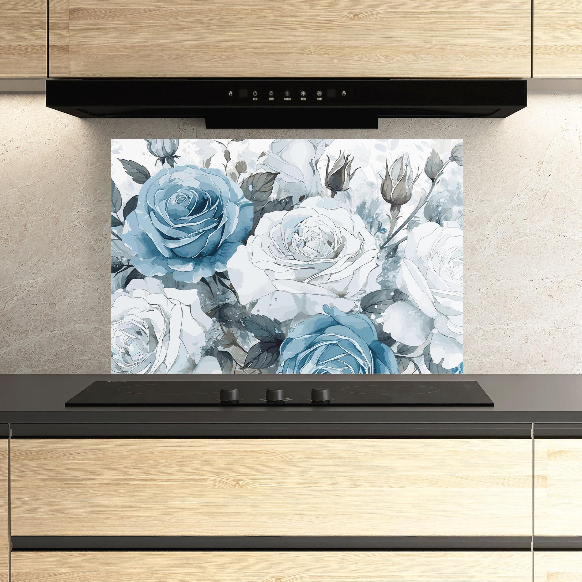 Стъклен панел за кухня Blue White Rose mockup 3