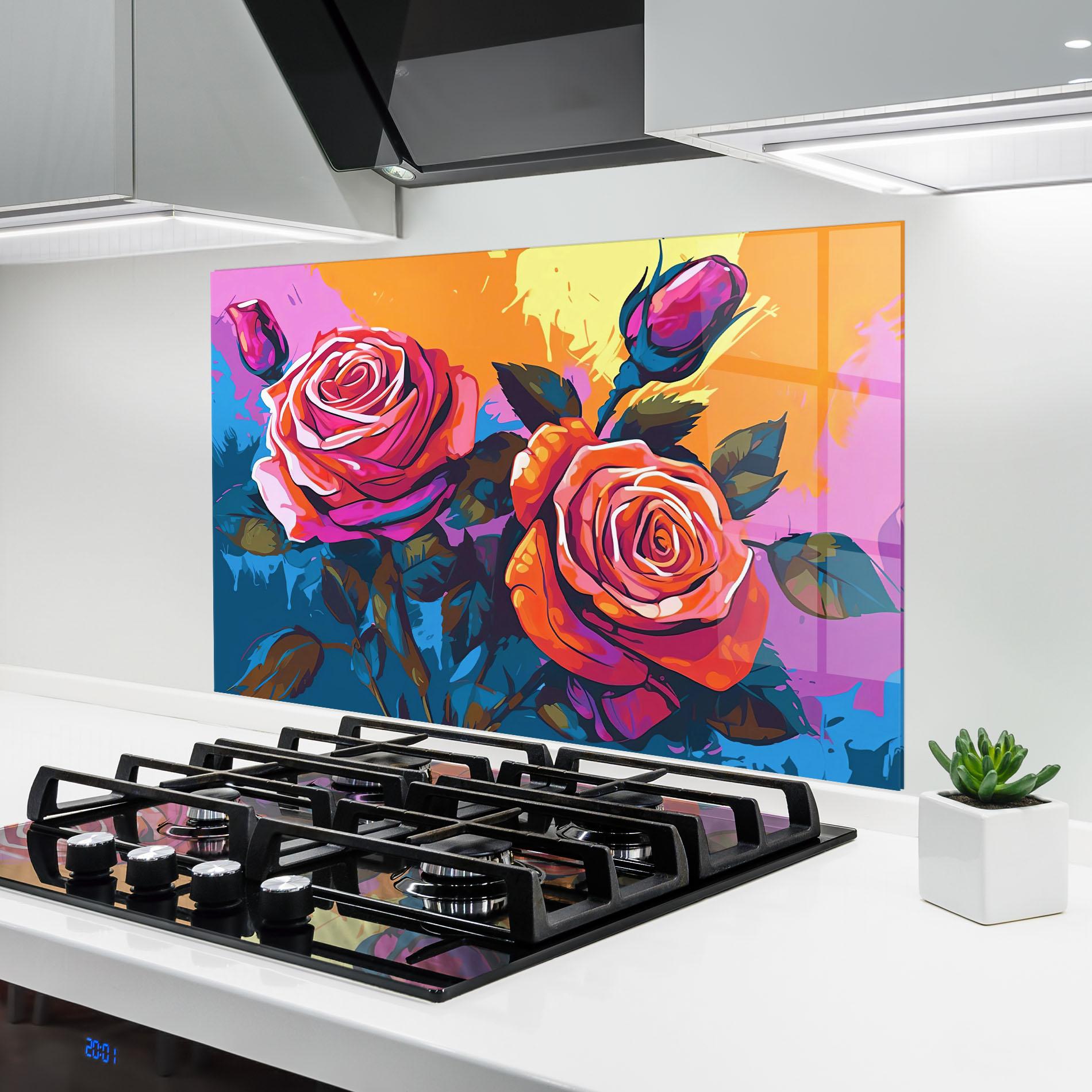 Стъклен панел за кухня Blue Orange Rose mockup 6