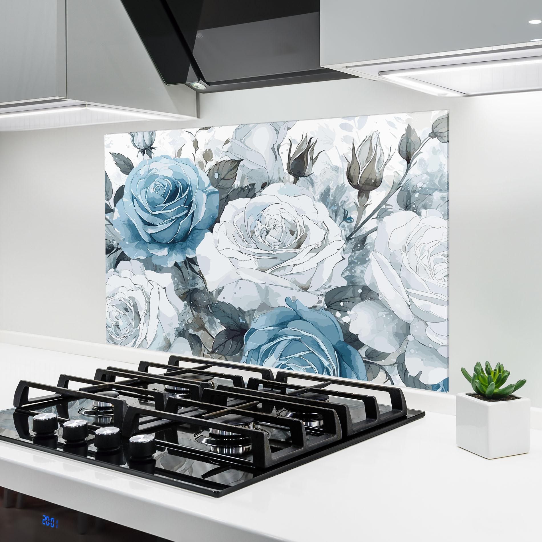 Стъклен панел за кухня Blue White Rose mockup 6