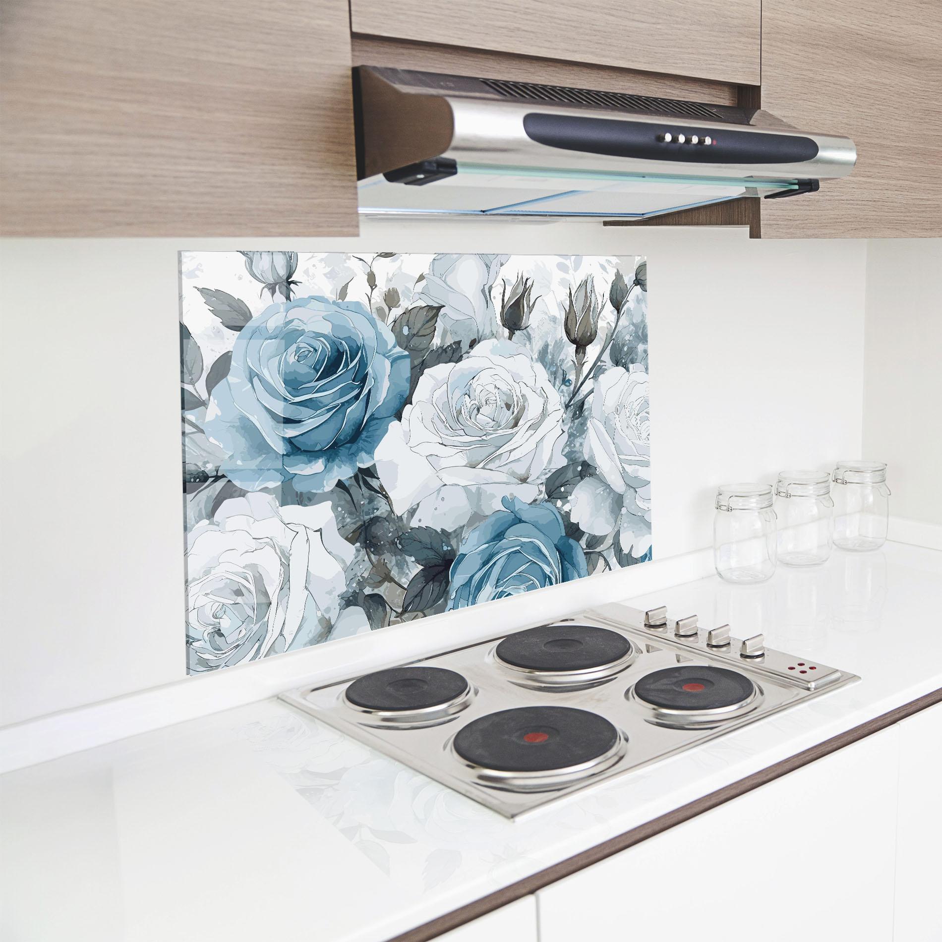 Стъклен панел за кухня Blue White Rose mockup 8
