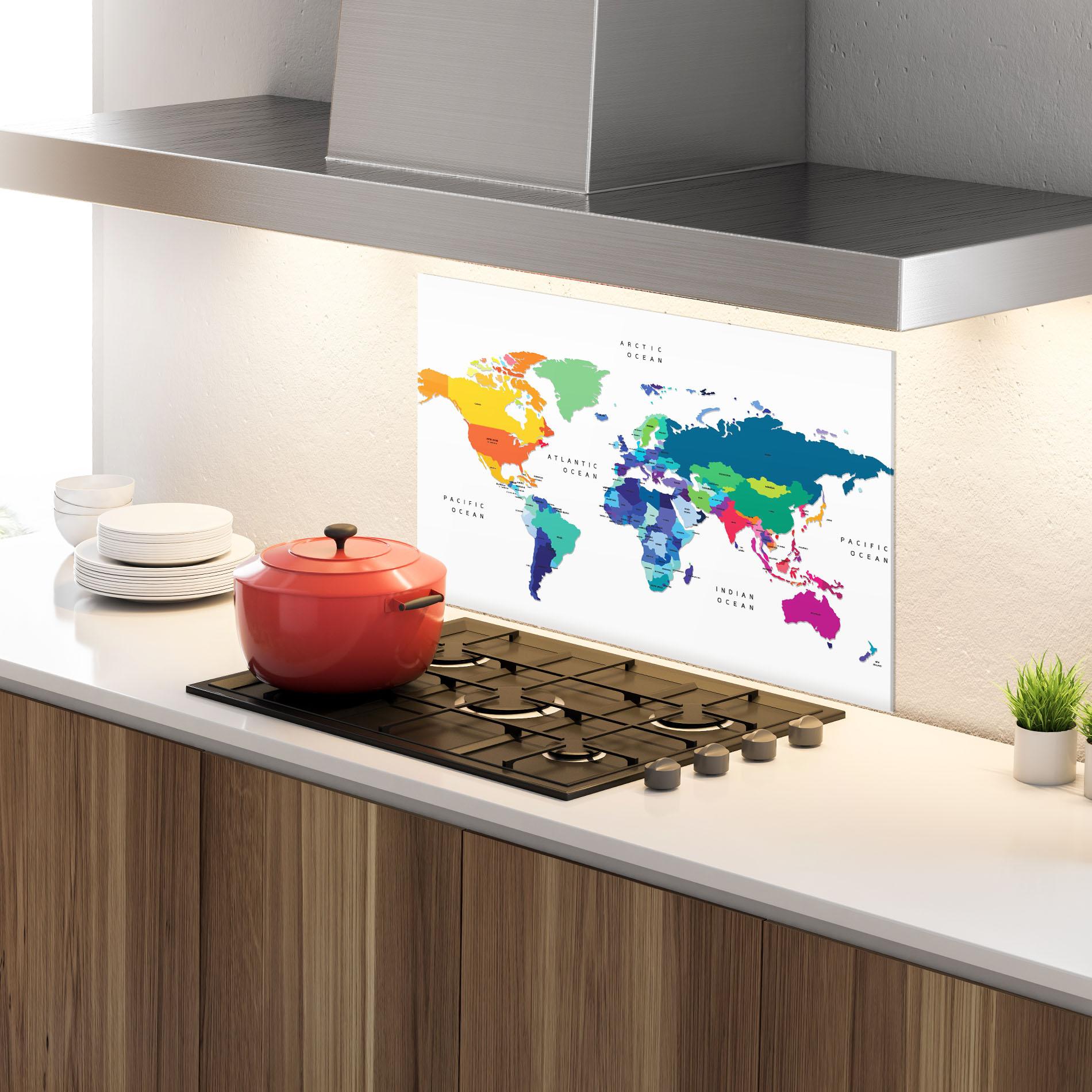 Стъклен панел за кухня Colored Continents Map mockup 4