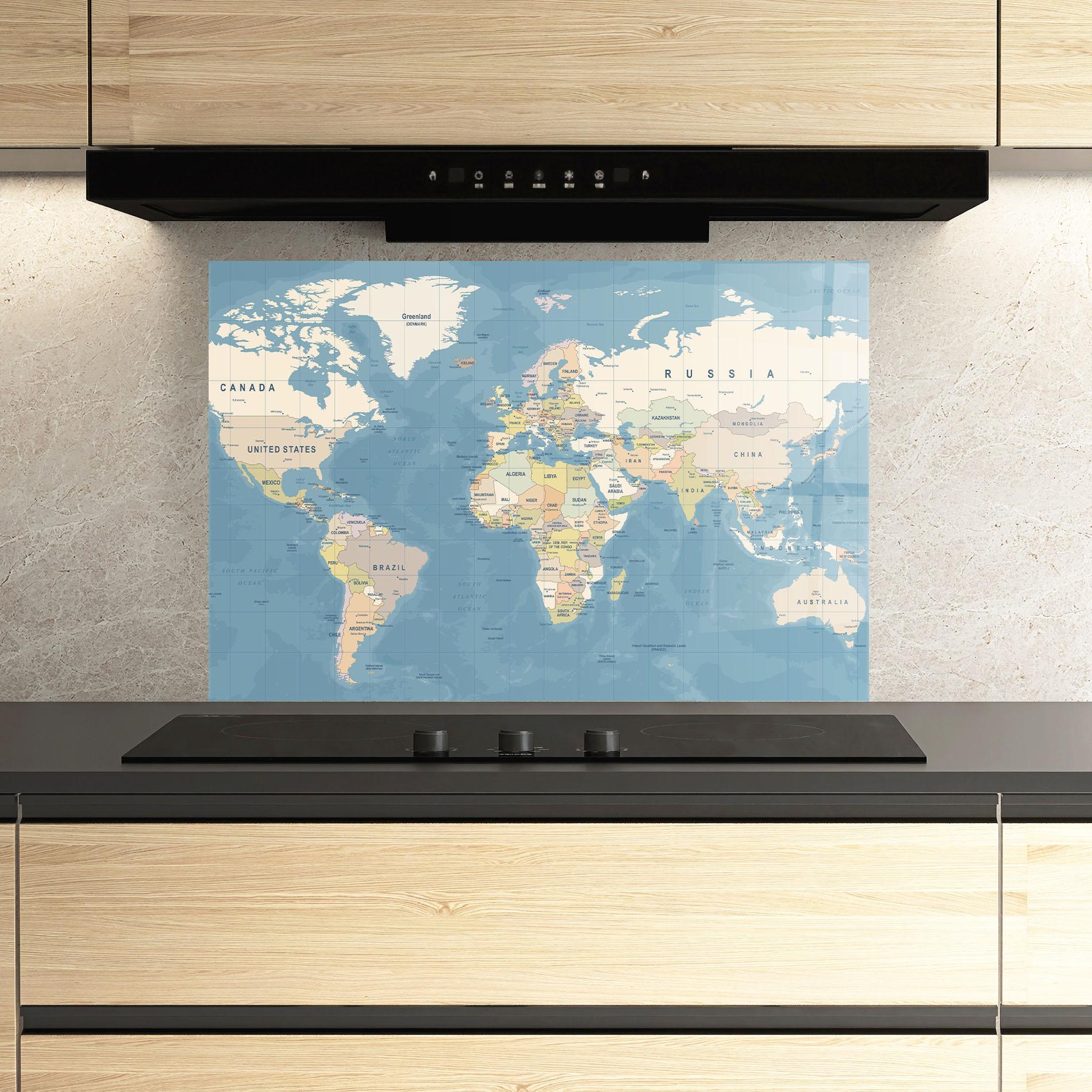 Стъклен панел за кухня Blue World Map mockup 3
