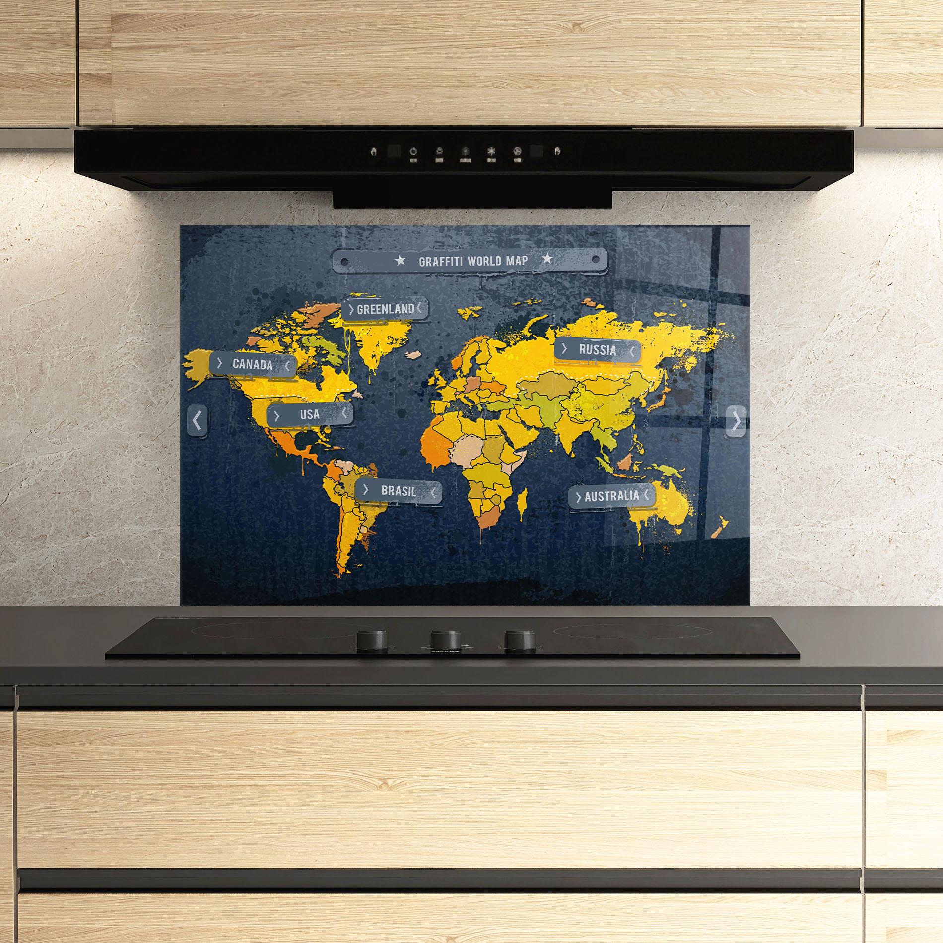 Стъклен панел за кухня Graffiti World Map mockup 3