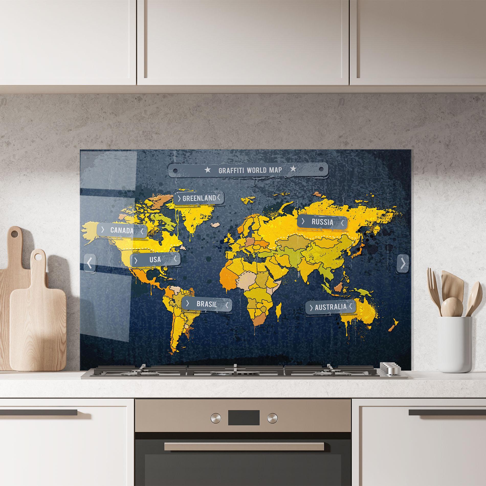 Стъклен панел за кухня Graffiti World Map mockup 7