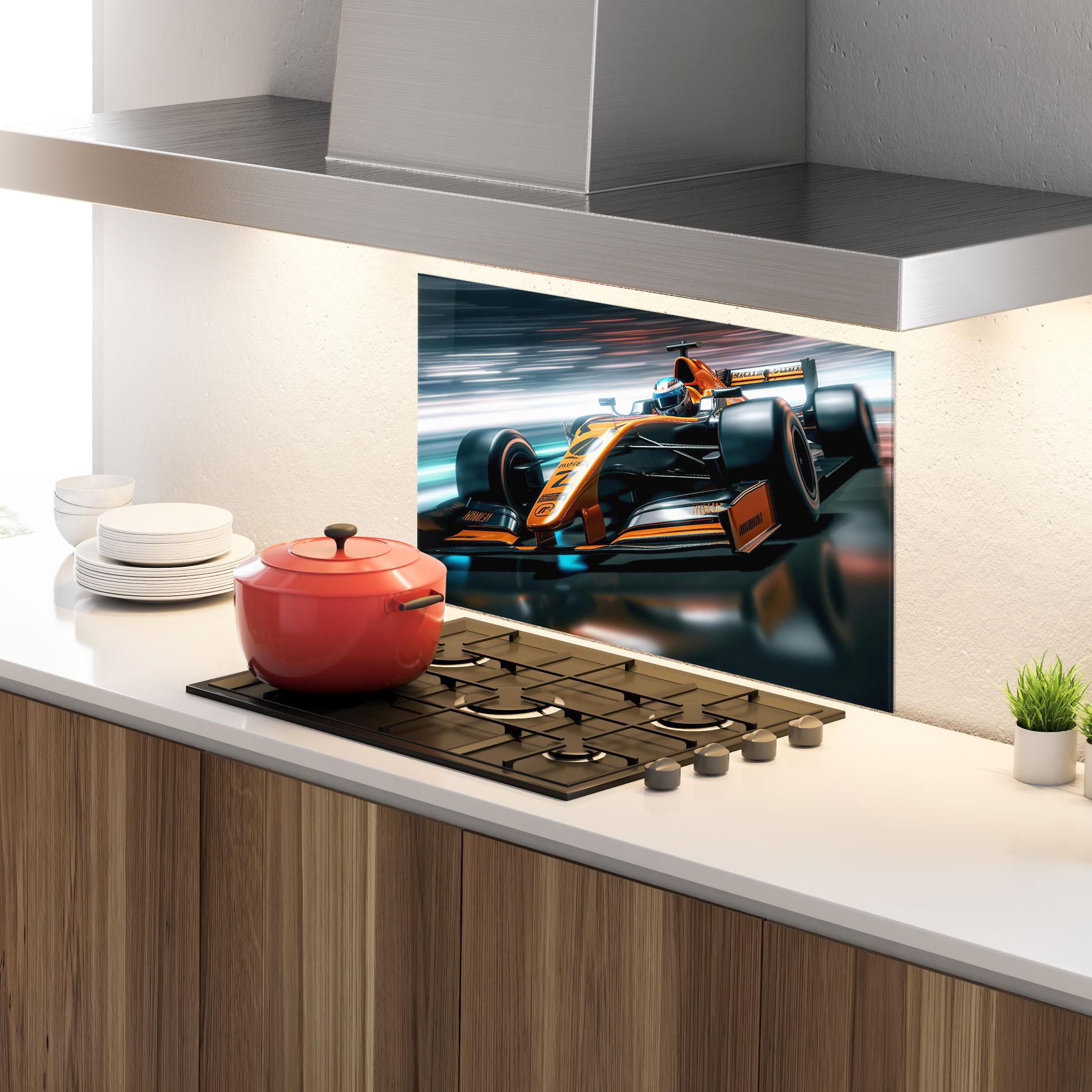 Стъклен панел за кухня Orange F1 Car mockup 4