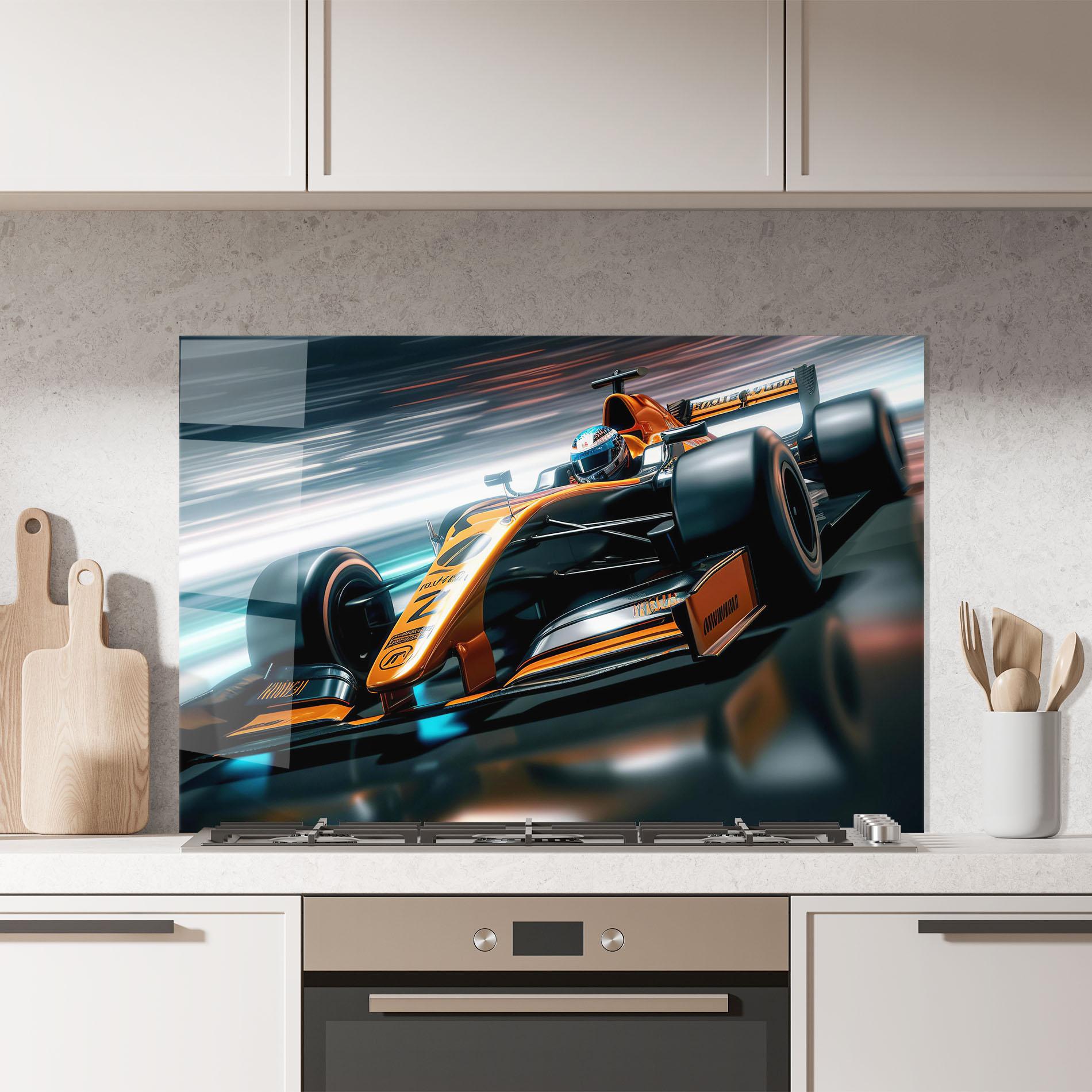 Стъклен панел за кухня Orange F1 Car mockup 7