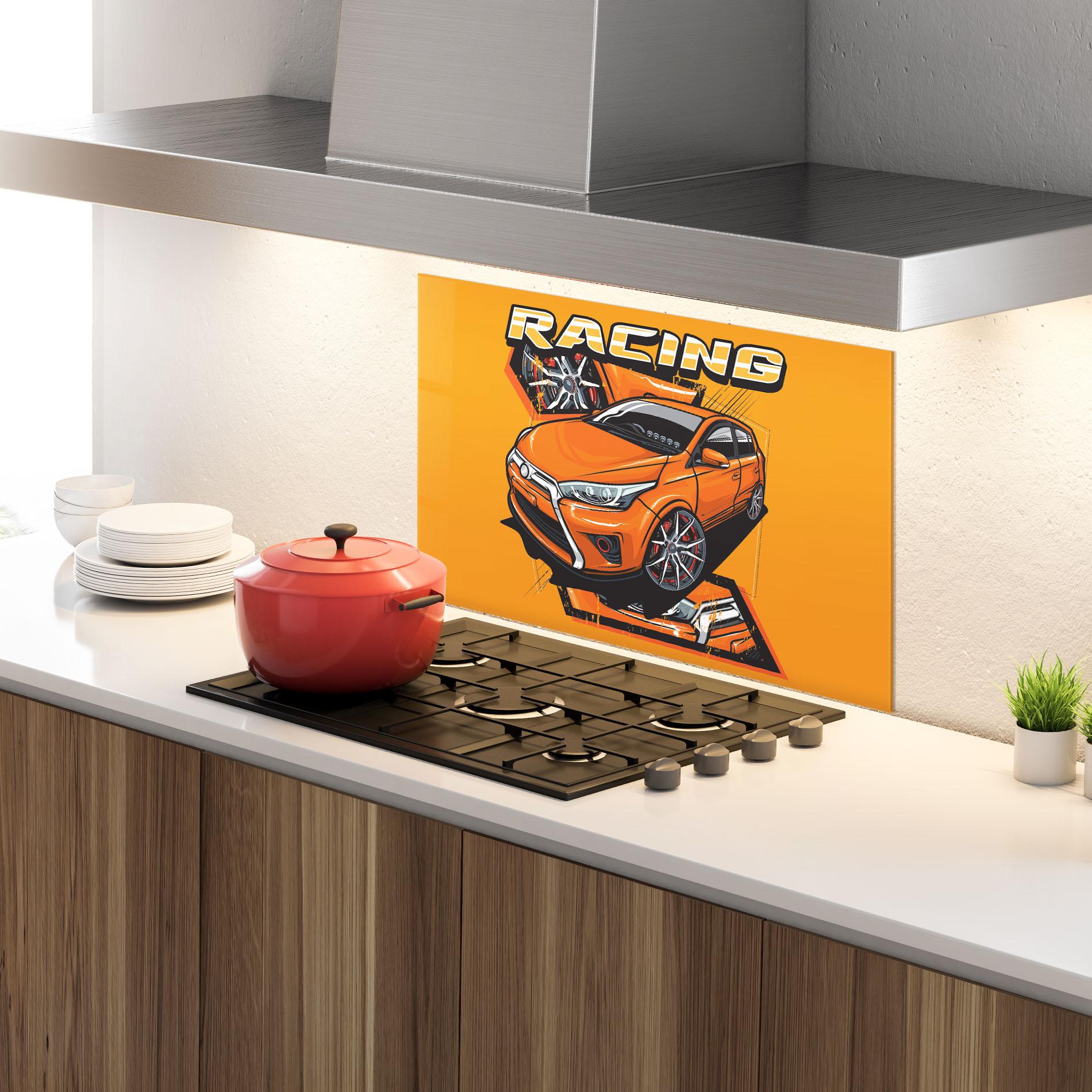 Стъклен панел за кухня Racing Orange Car mockup 4
