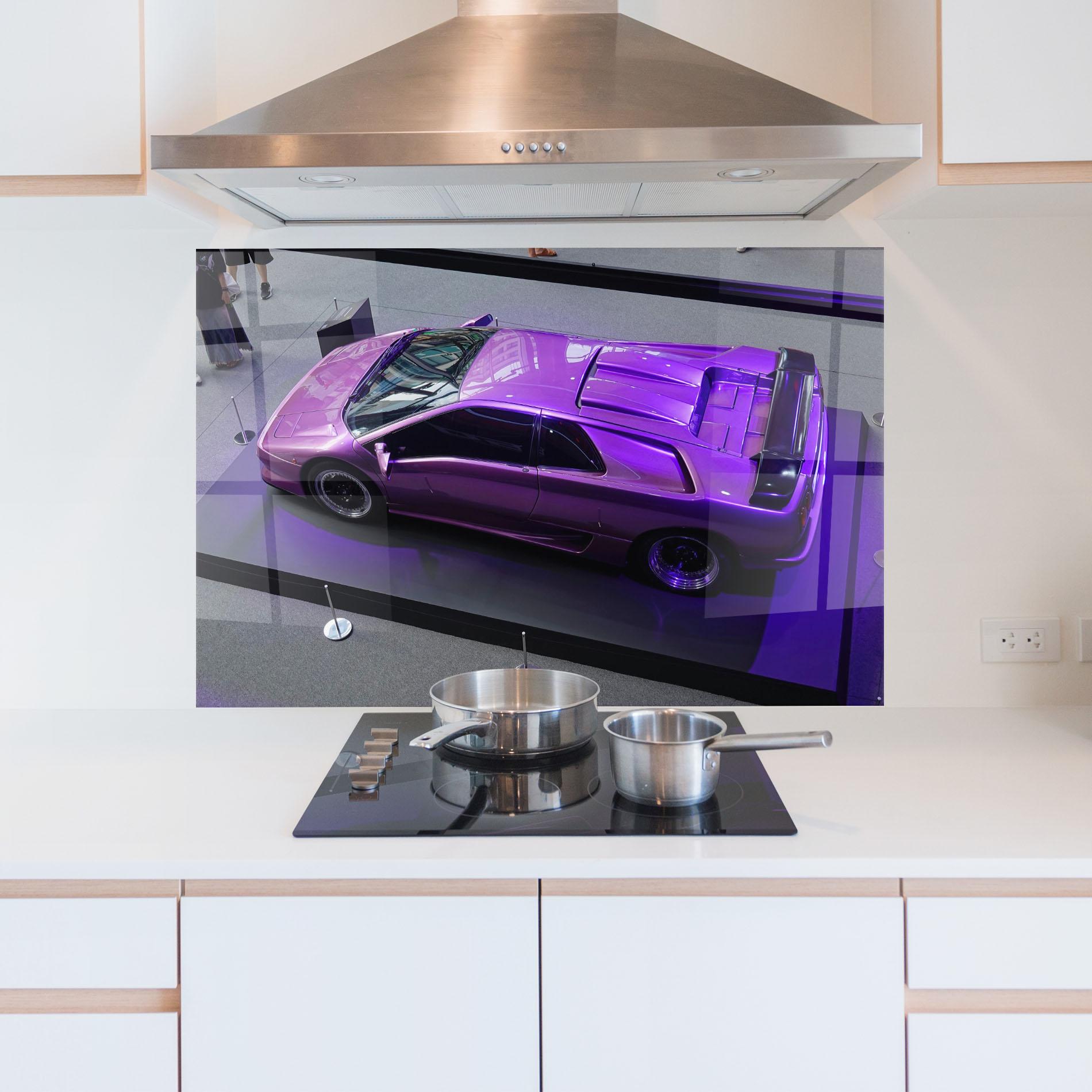 Стъклен панел за кухня Purple Old Lambo mockup 5