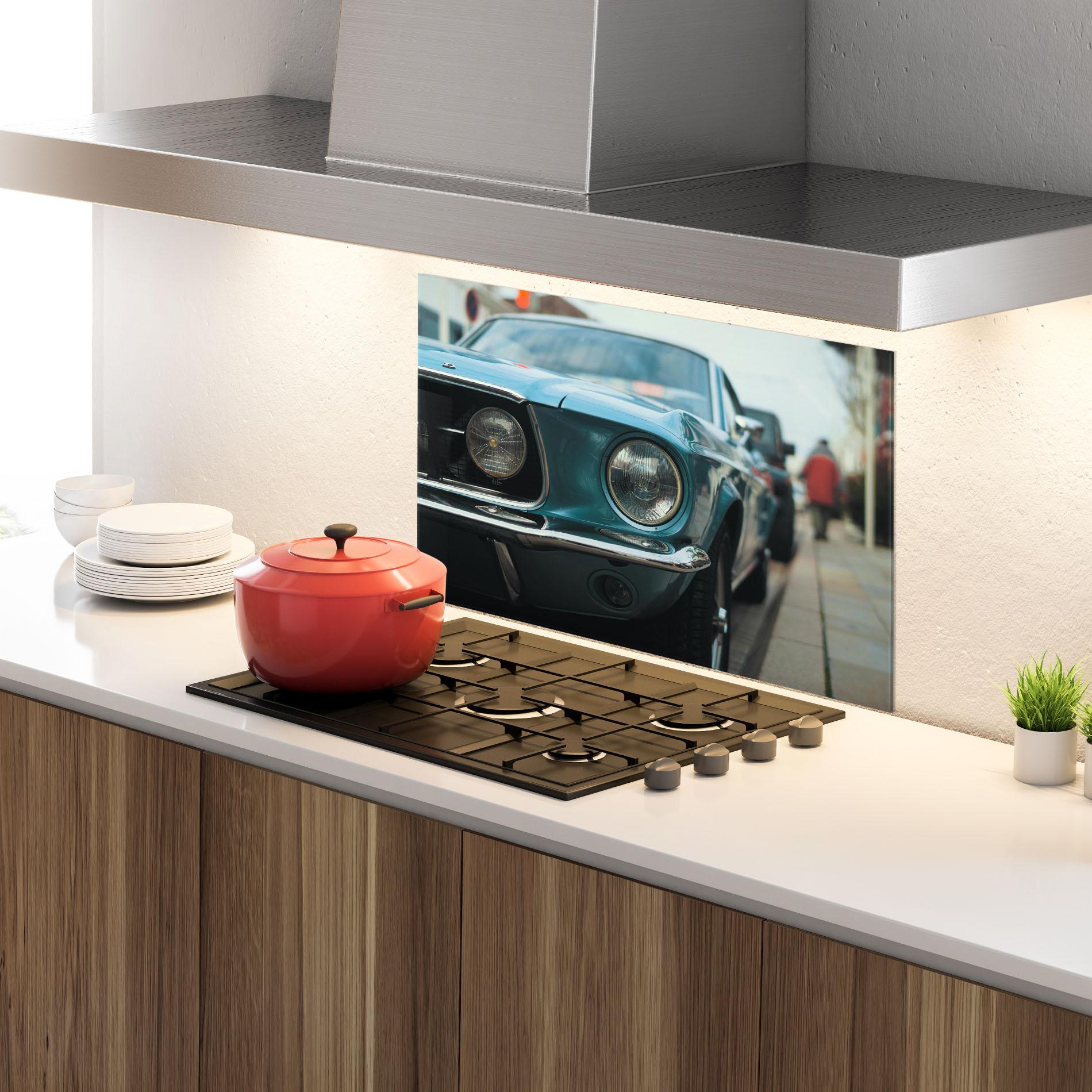 Стъклен панел за кухня Closeup Blue Car mockup 4