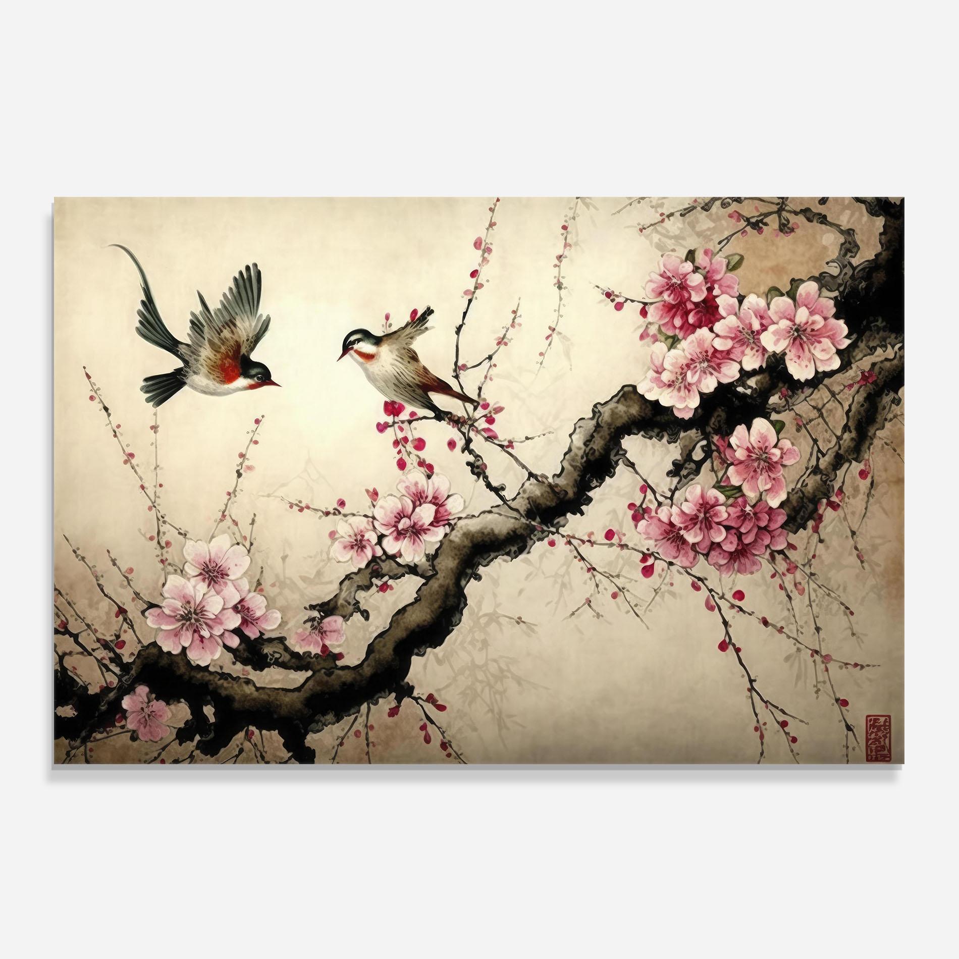 Стъклен панел за кухня Cherry Blossom Birds mockup 0