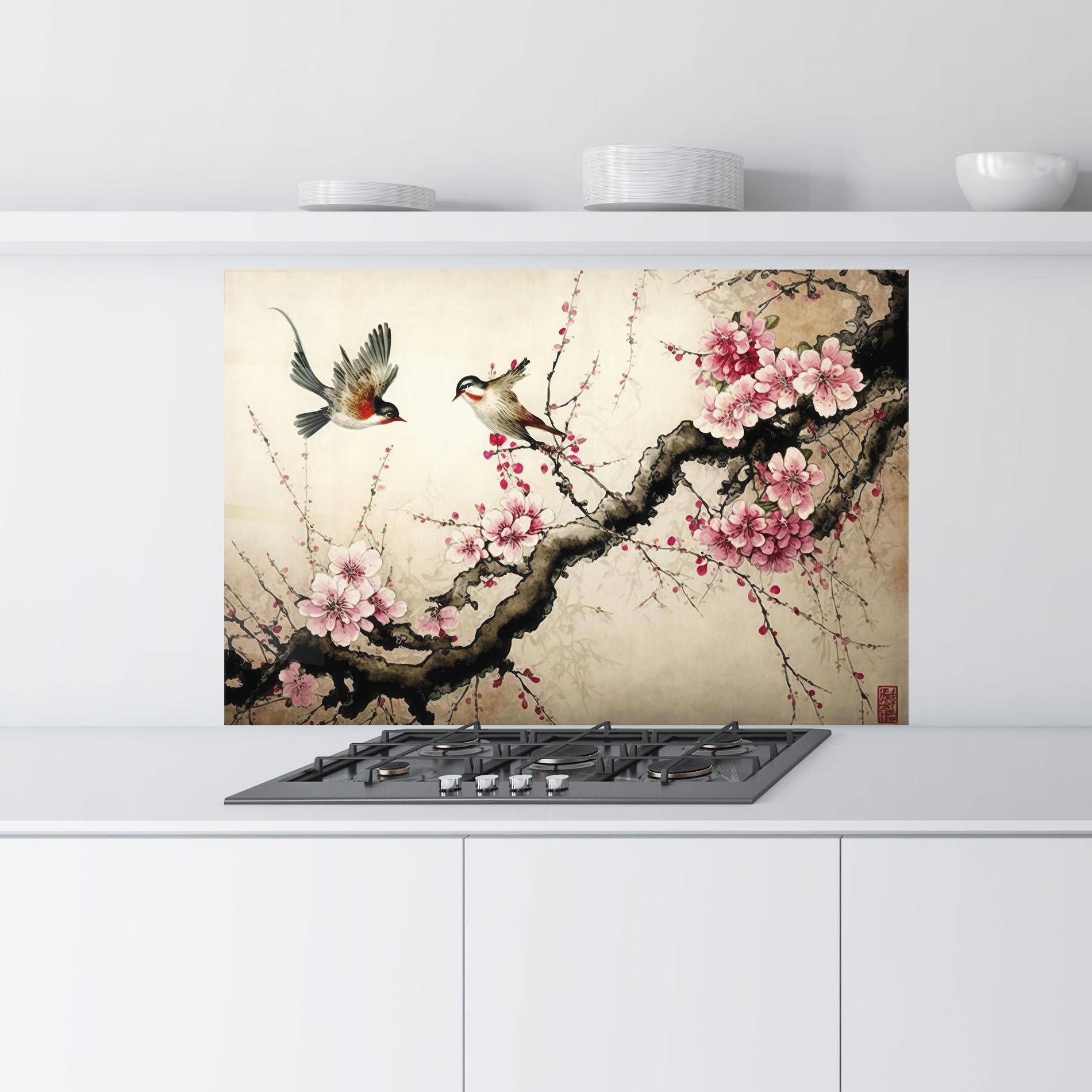 Стъклен панел за кухня Cherry Blossom Birds mockup 9