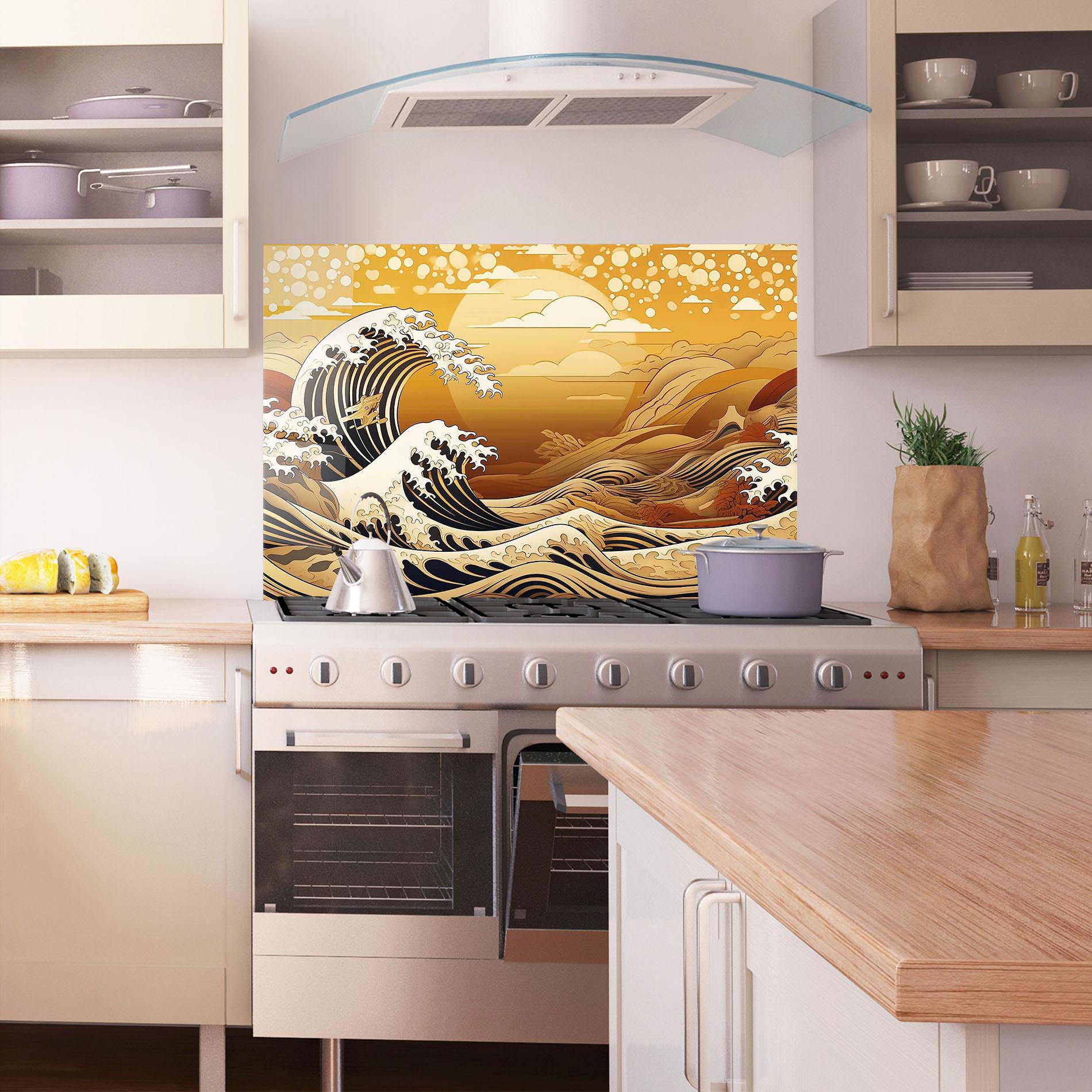 Стъклен панел за кухня Black Yellow Waves mockup 1