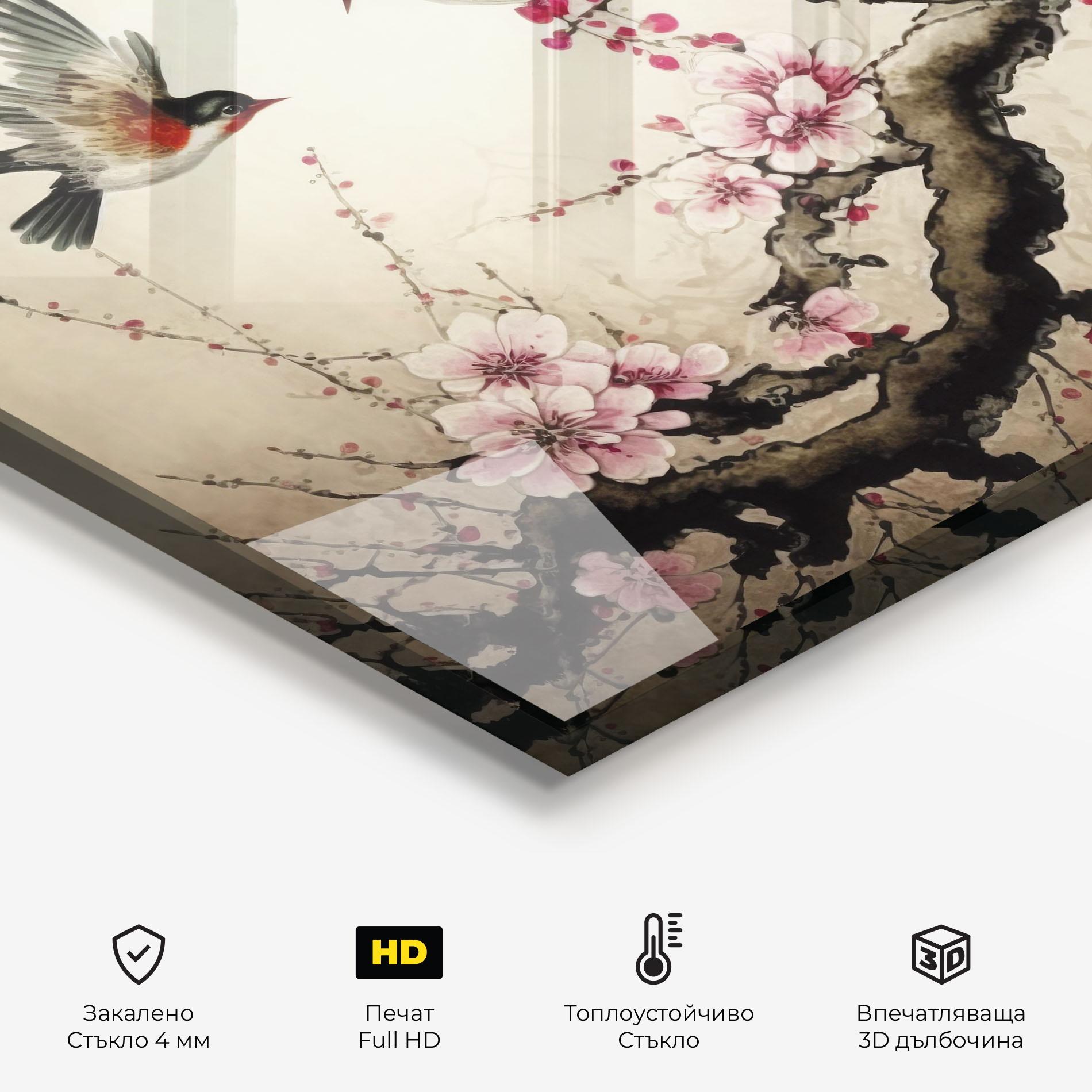 Стъклен панел за кухня Cherry Blossom Birds mockup 2