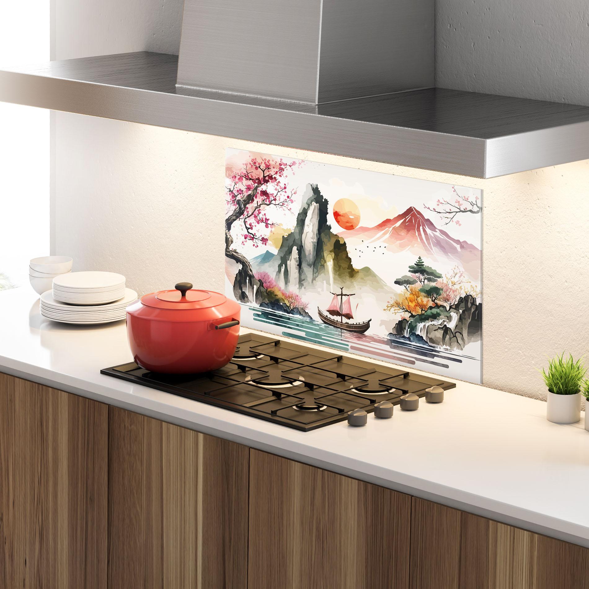 Стъклен панел за кухня Asian Orange Sunset mockup 4