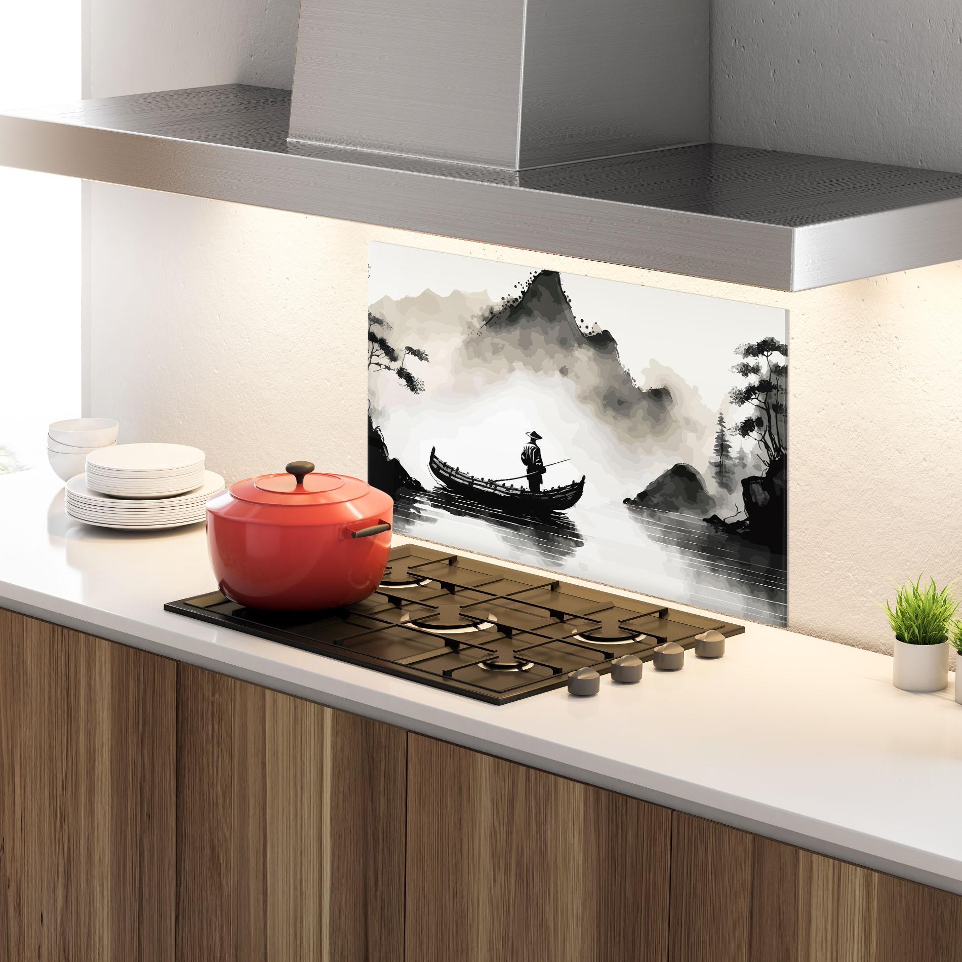 Стъклен панел за кухня Black Ink Boat mockup 4