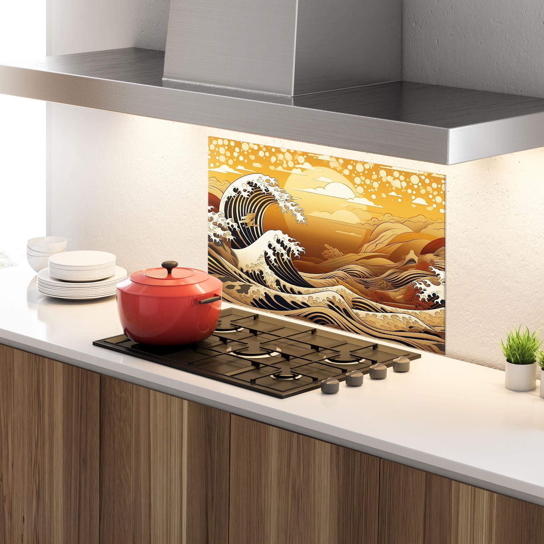 Стъклен панел за кухня Black Yellow Waves mockup 4