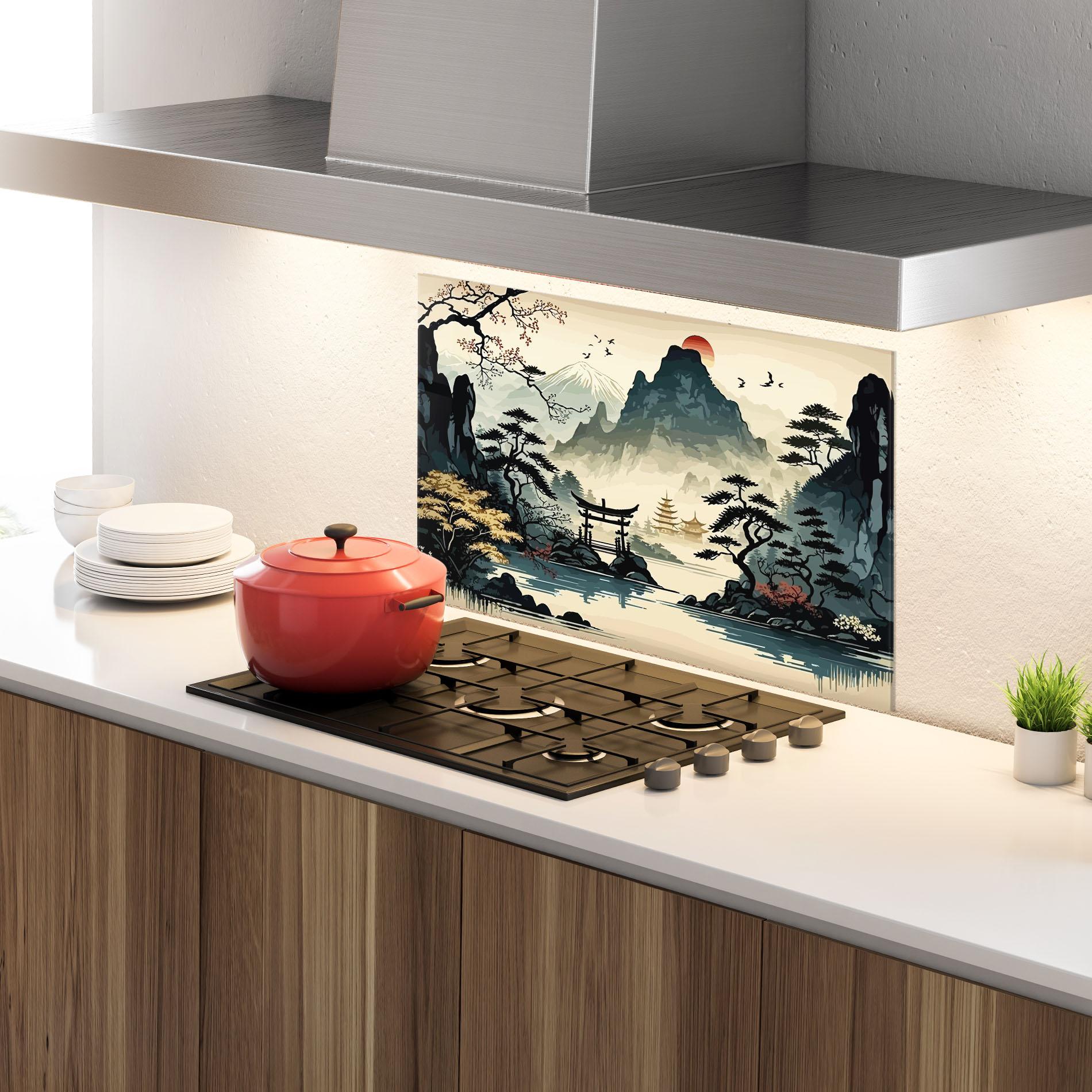 Стъклен панел за кухня Cream Chinese Mountain mockup 4