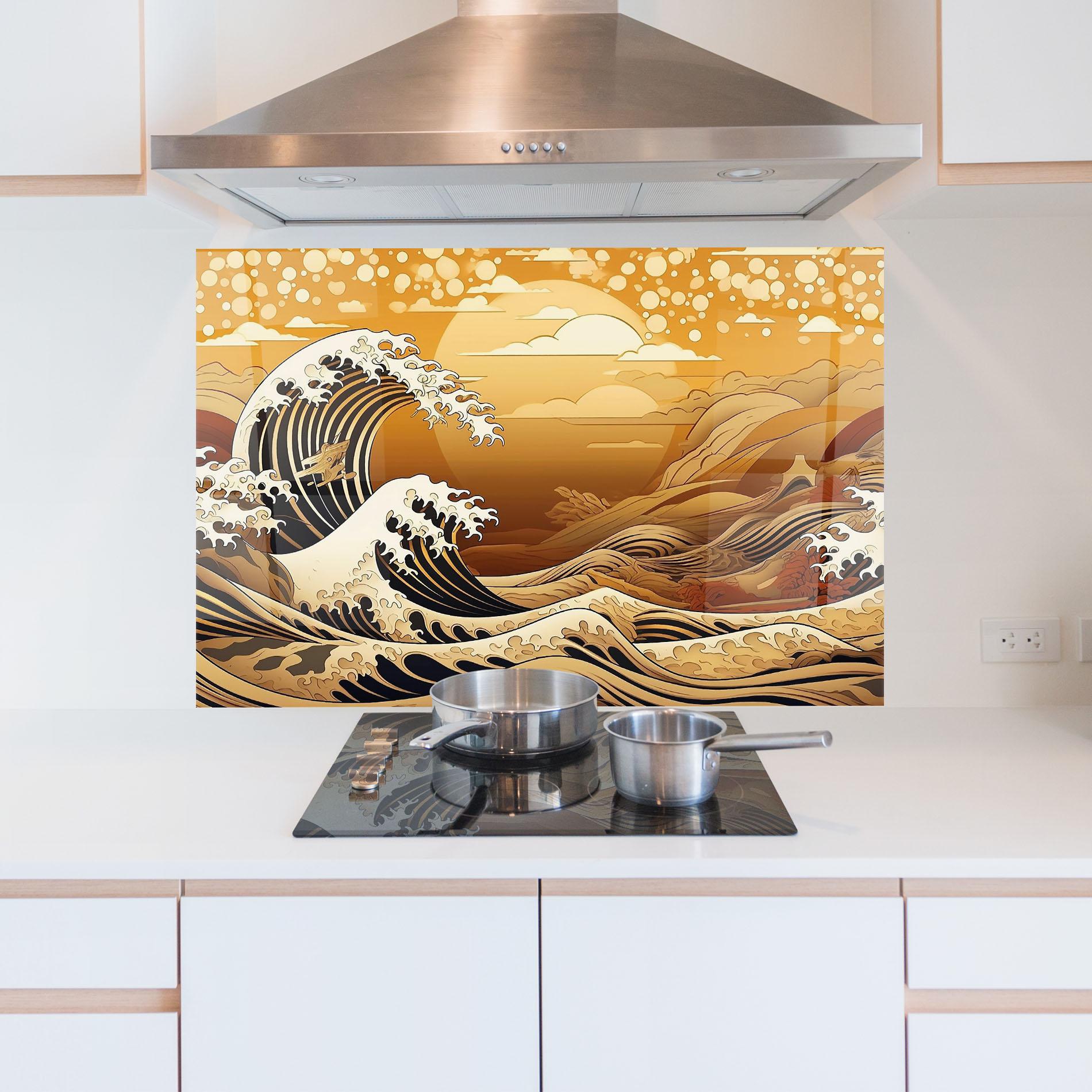 Стъклен панел за кухня Black Yellow Waves mockup 5