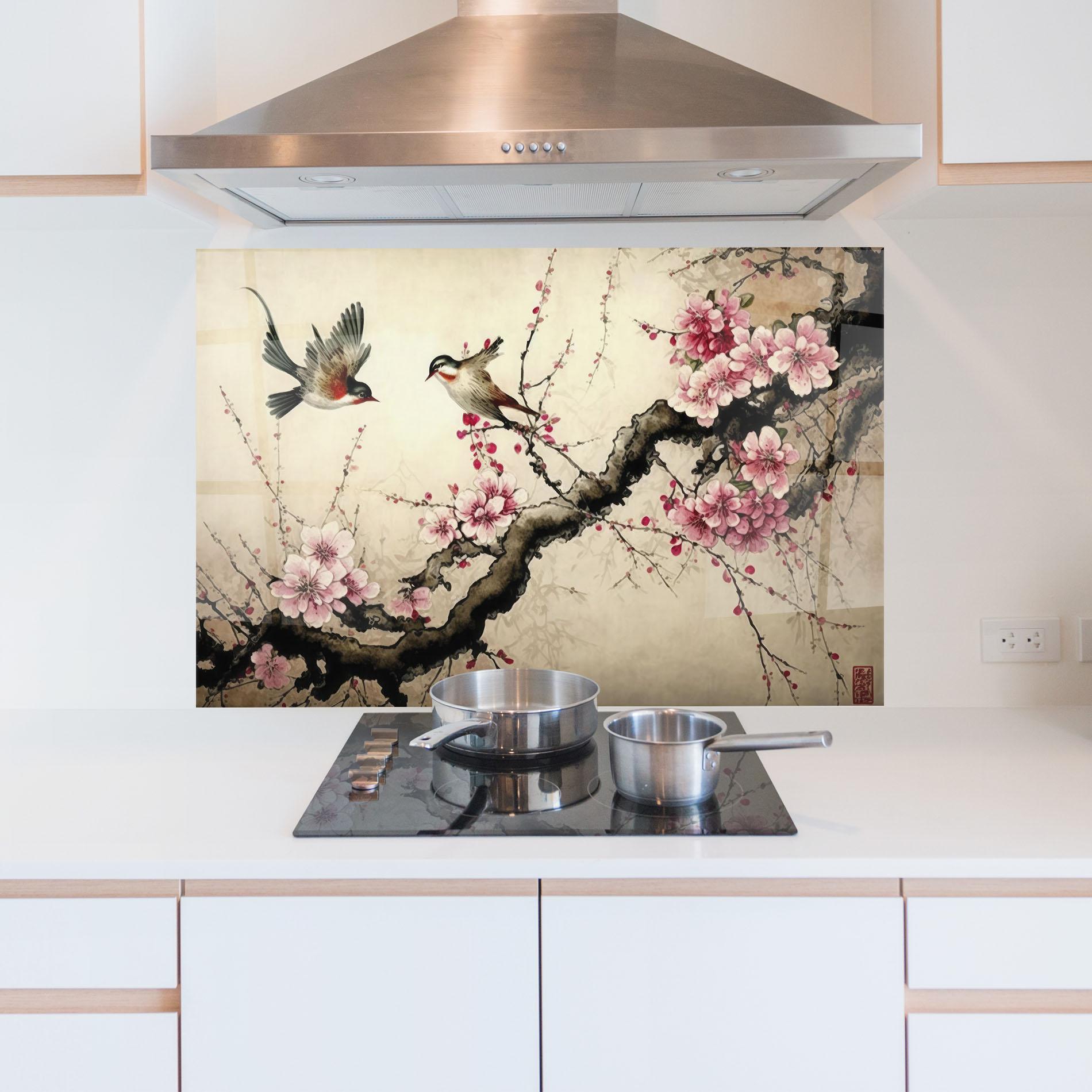 Стъклен панел за кухня Cherry Blossom Birds mockup 5