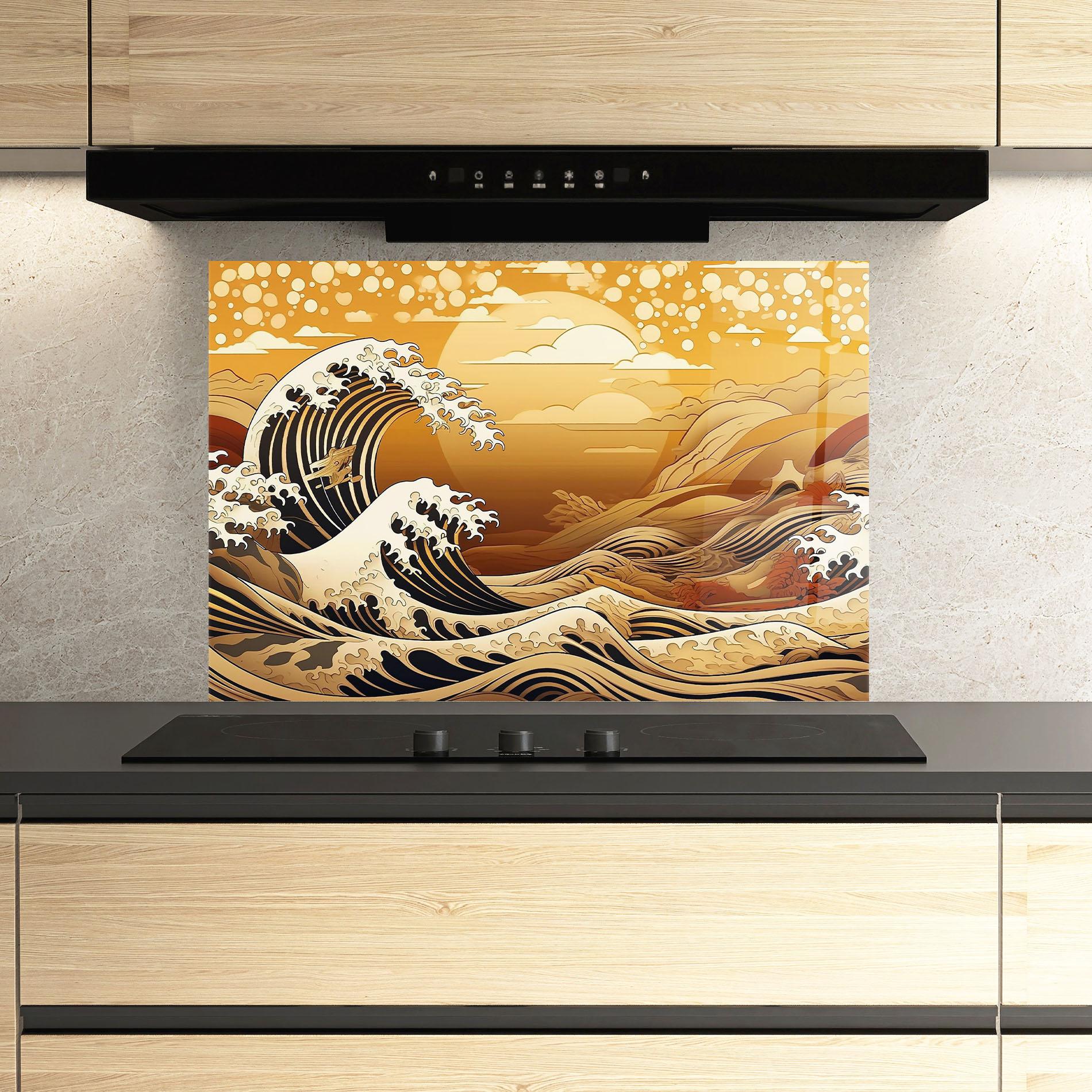 Стъклен панел за кухня Black Yellow Waves mockup 3