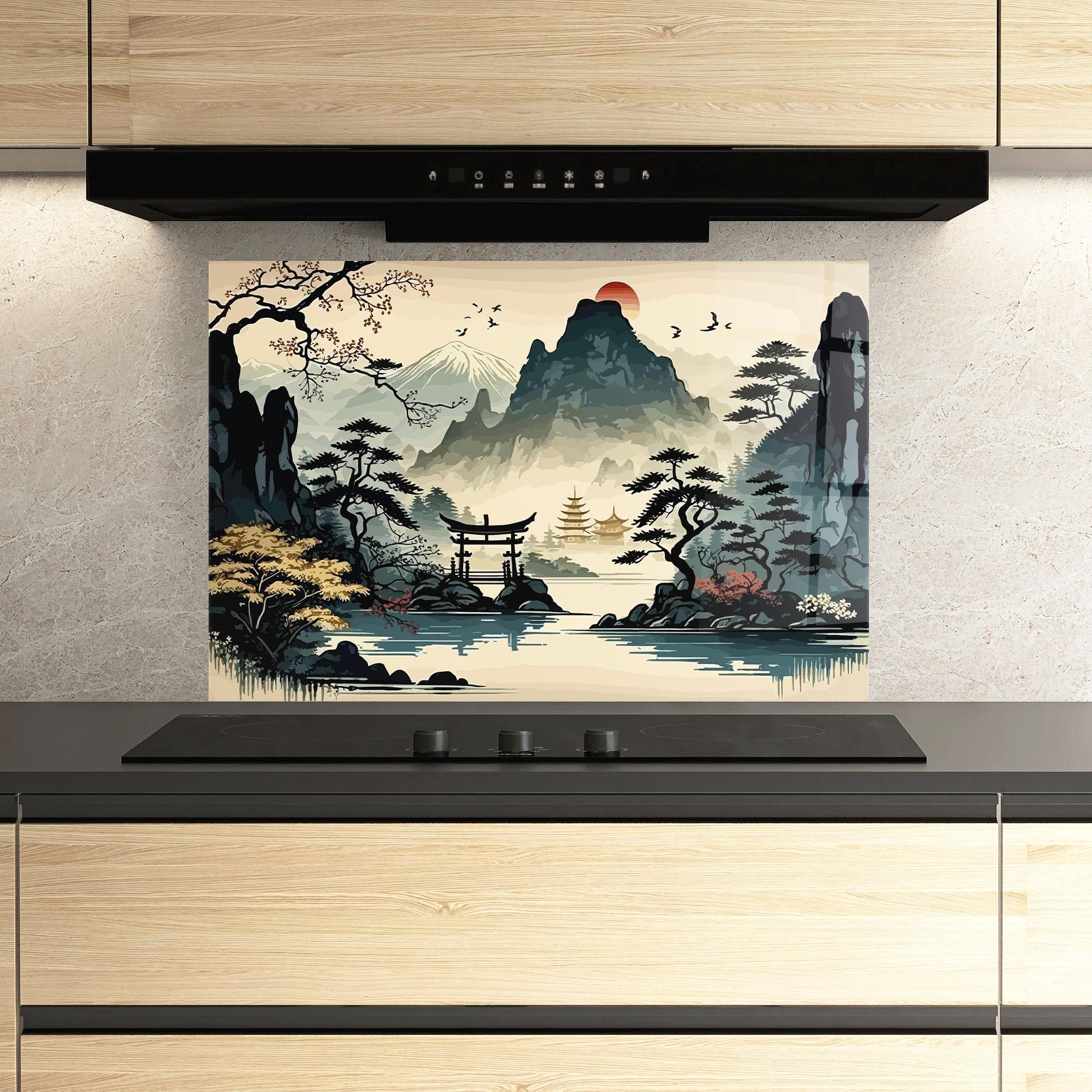 Стъклен панел за кухня Cream Chinese Mountain mockup 3