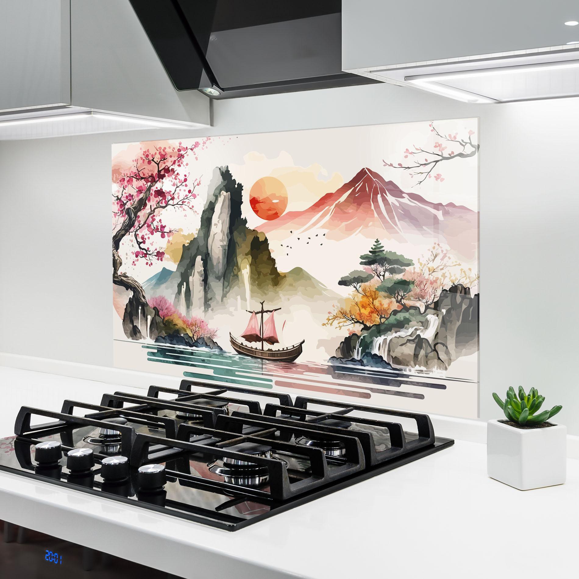 Стъклен панел за кухня Asian Orange Sunset mockup 6