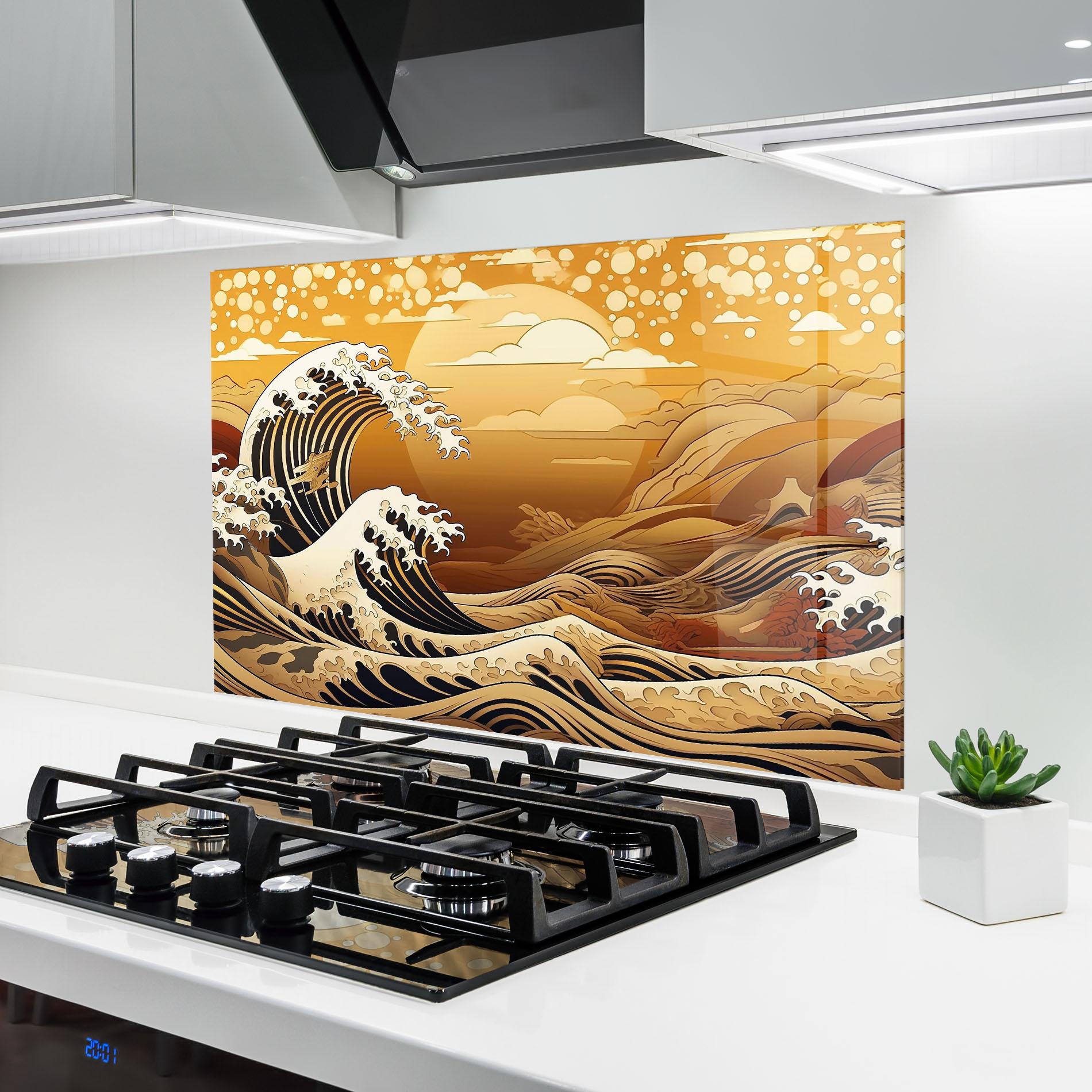 Стъклен панел за кухня Black Yellow Waves mockup 6