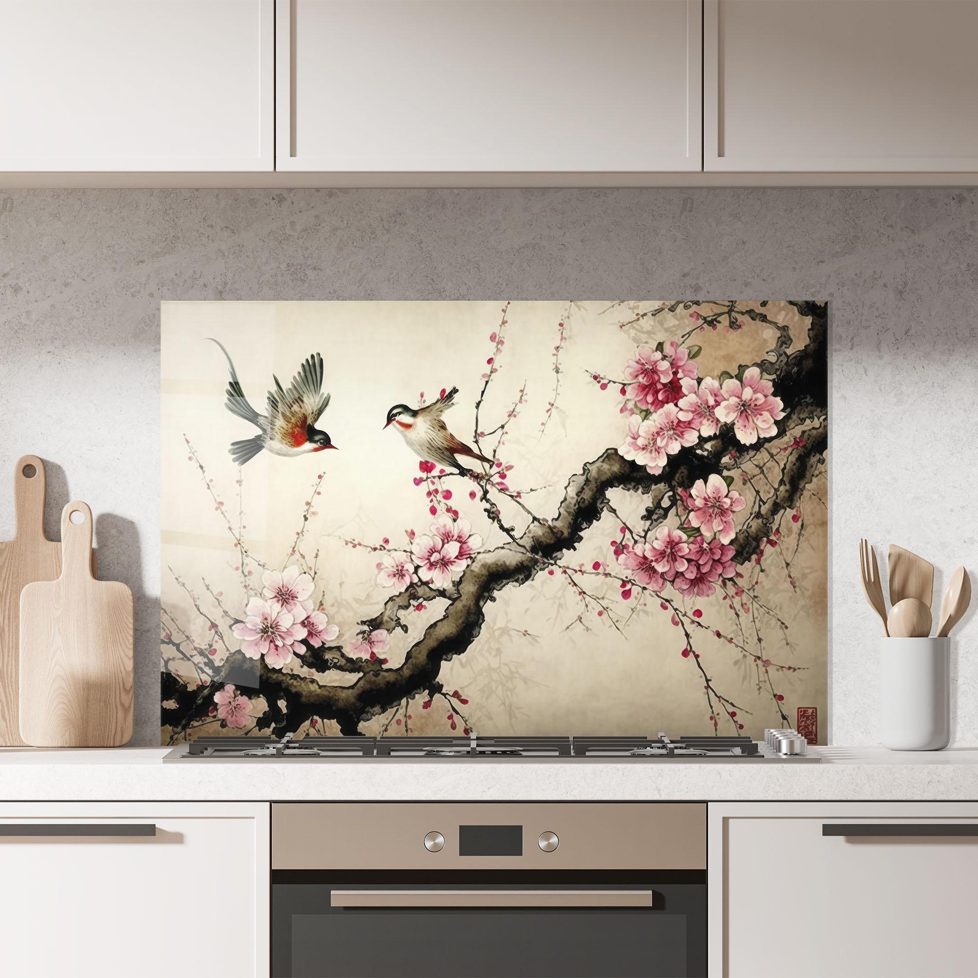 Стъклен панел за кухня Cherry Blossom Birds mockup 7