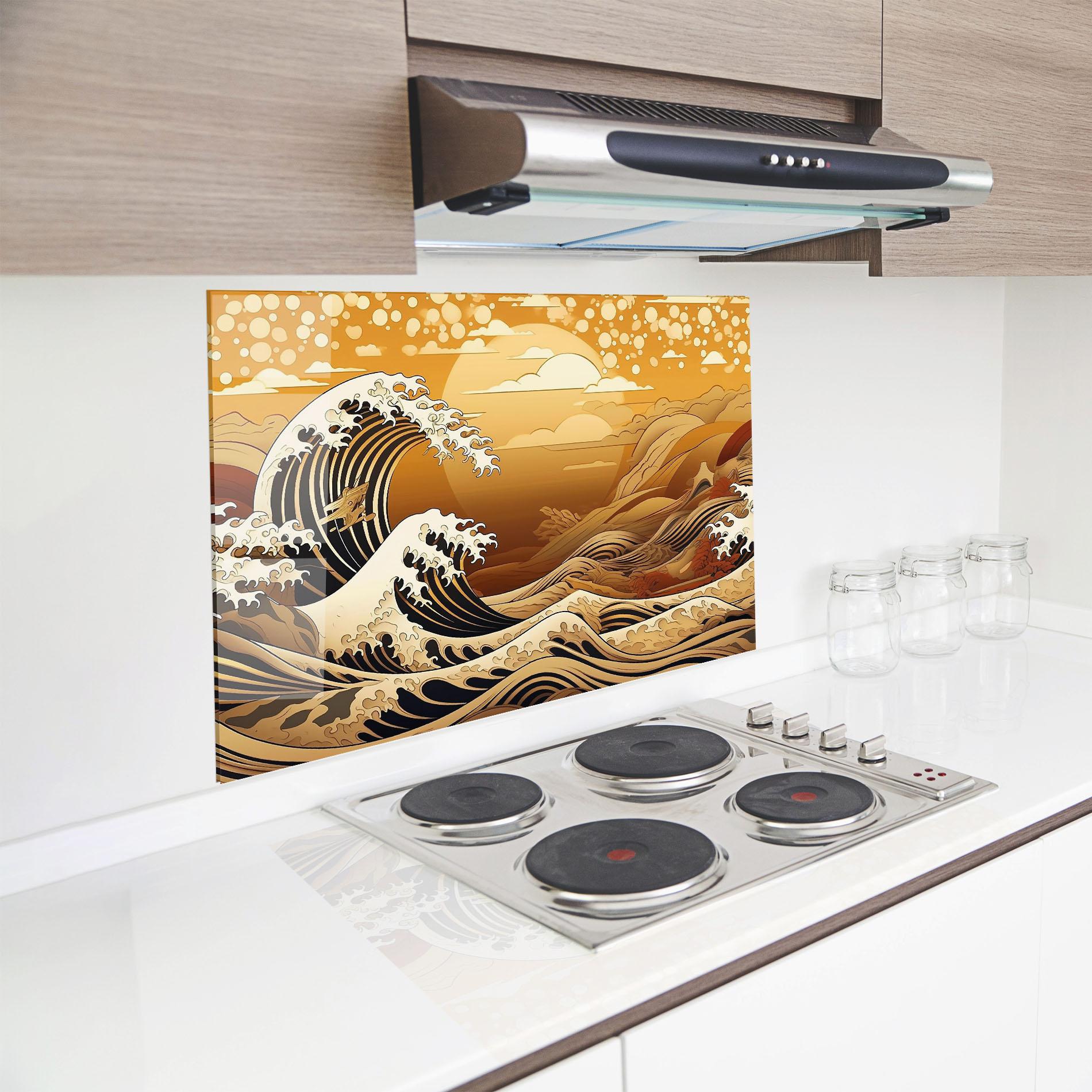 Стъклен панел за кухня Black Yellow Waves mockup 8