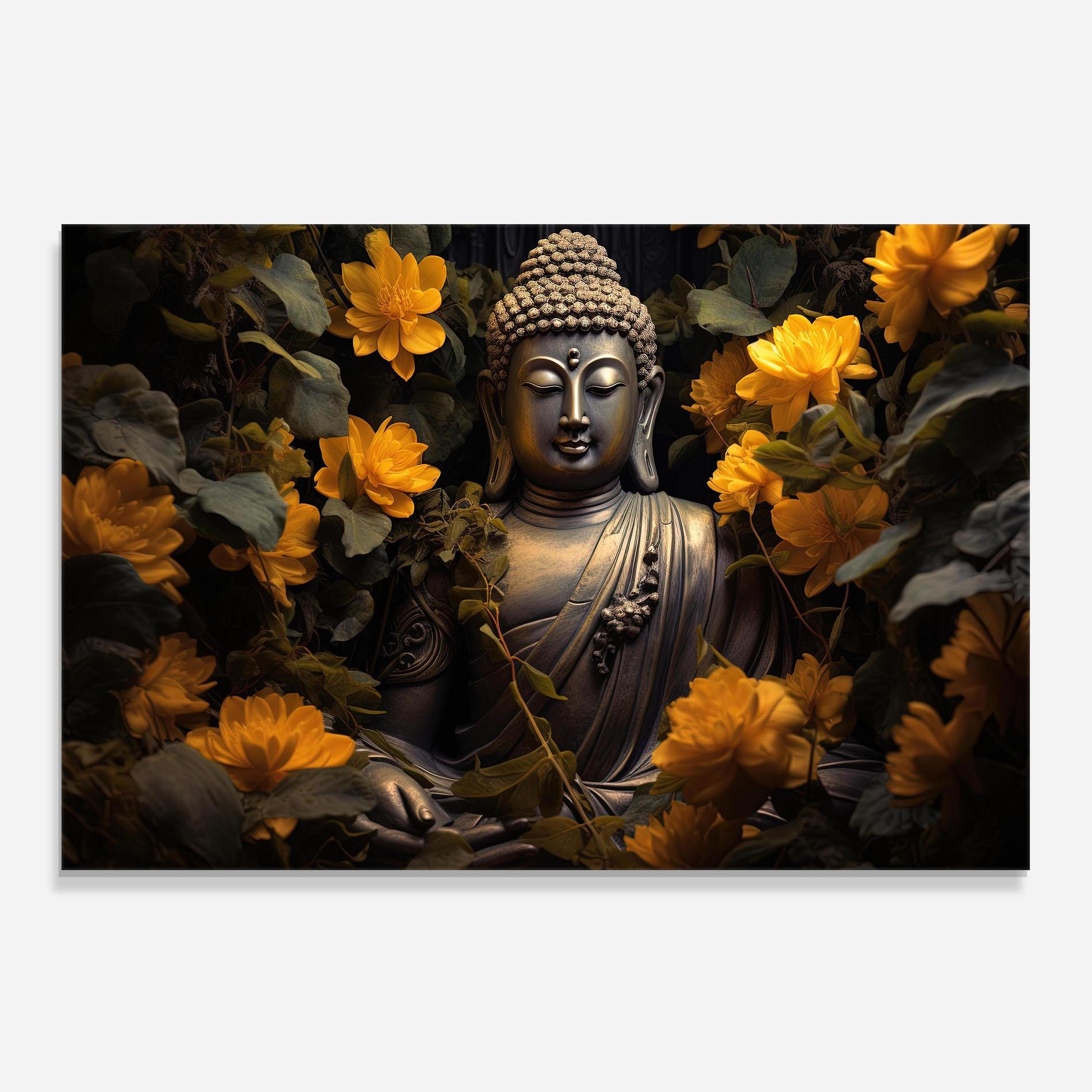 Стъклен панел за кухня Buddha Yellow Meditation mockup 0