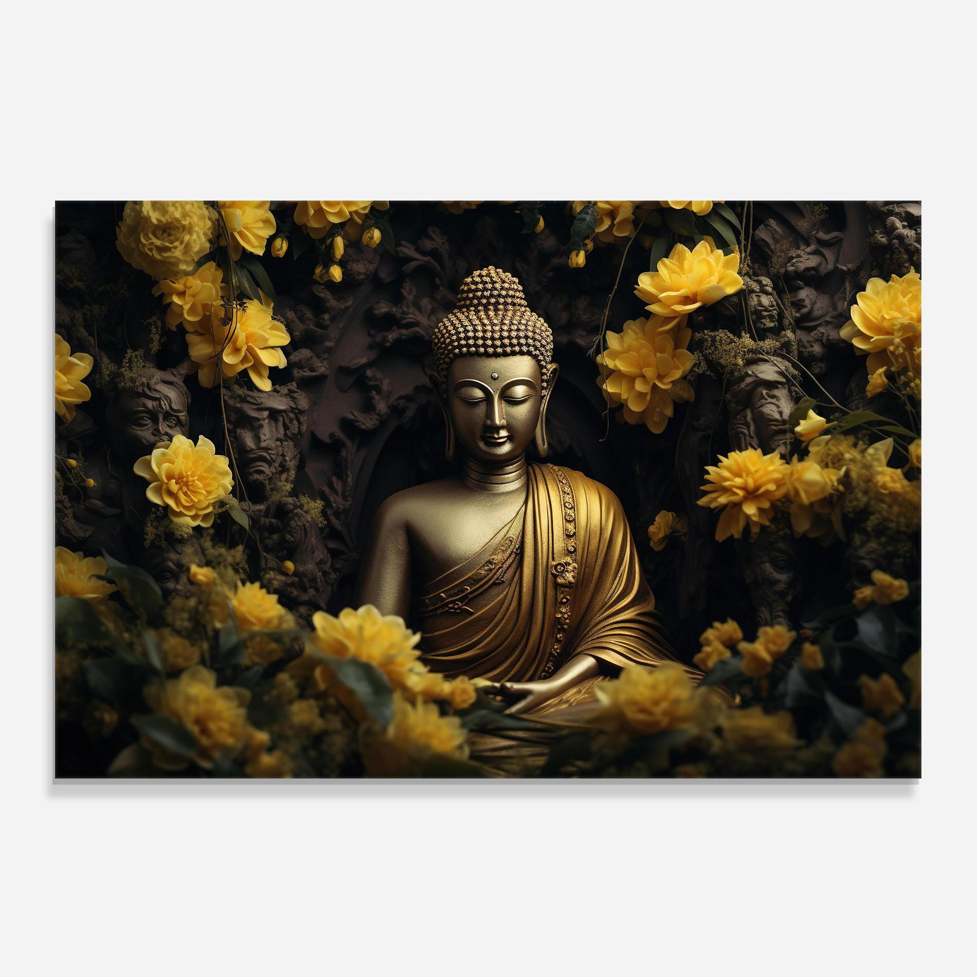 Стъклен панел за кухня Gold Buddha Flowers mockup 0