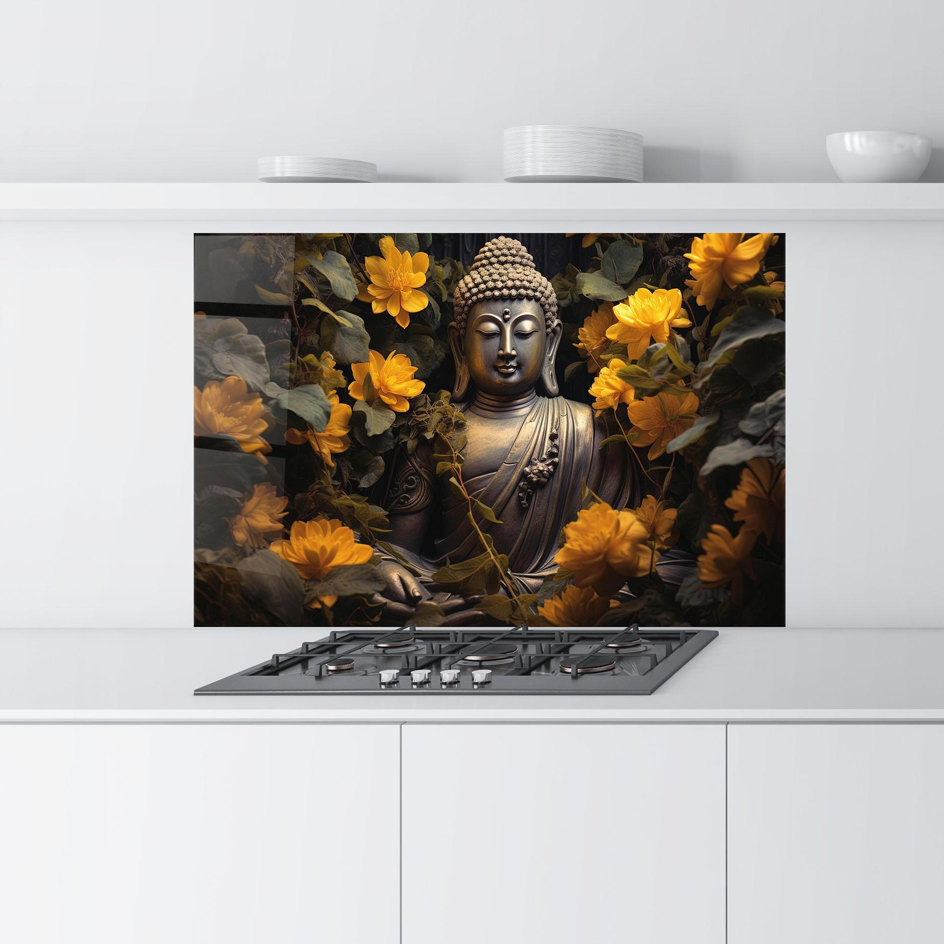 Стъклен панел за кухня Buddha Yellow Meditation mockup 9