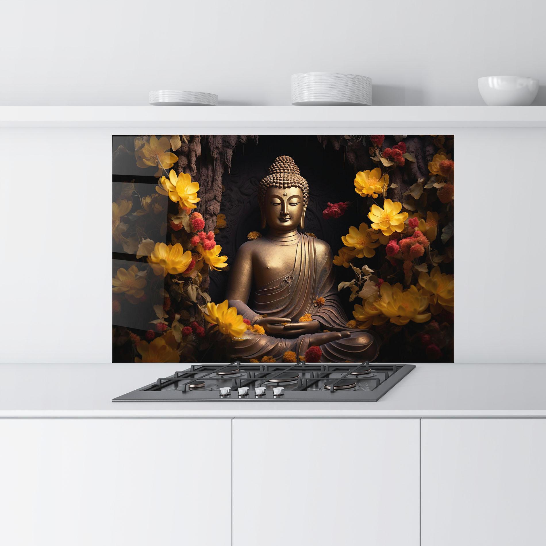 Стъклен панел за кухня Buddha Yellow Red mockup 9