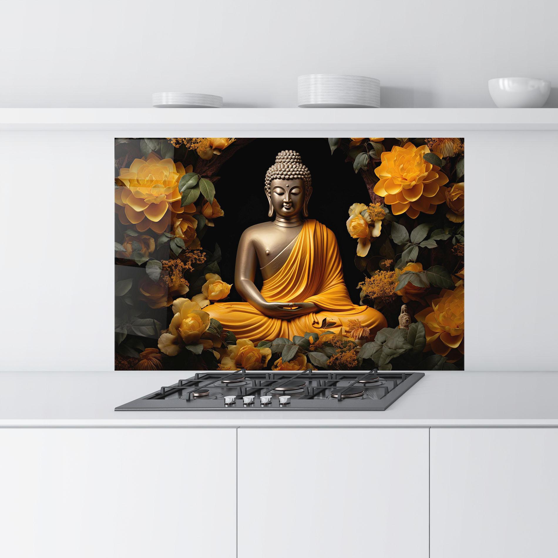 Стъклен панел за кухня Gold Buddha Flower mockup 9