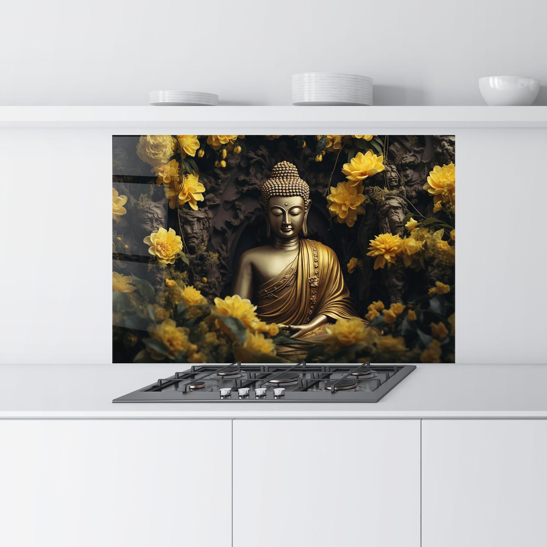 Стъклен панел за кухня Gold Buddha Flowers mockup 9