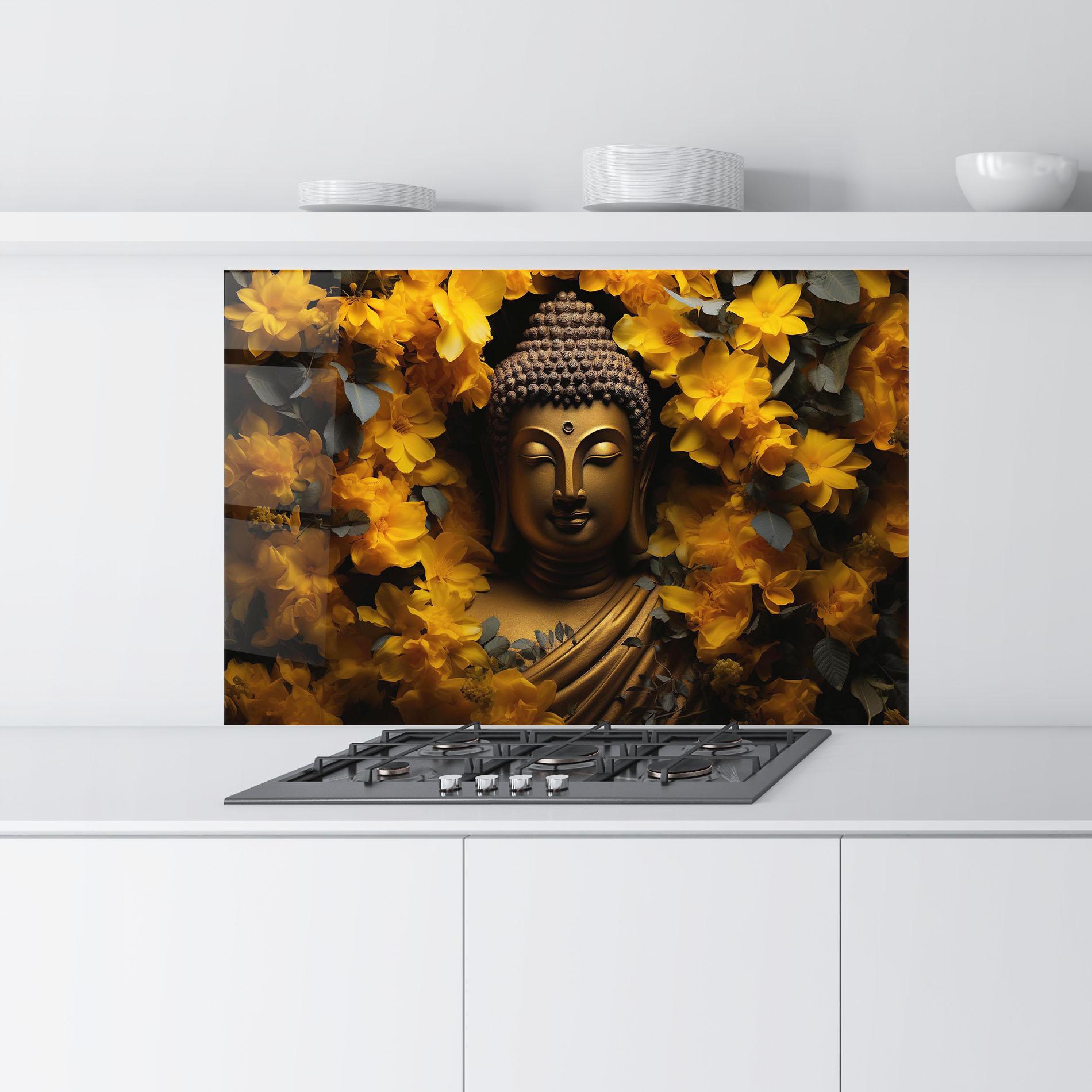 Стъклен панел за кухня Gold Buddha Meditation mockup 9