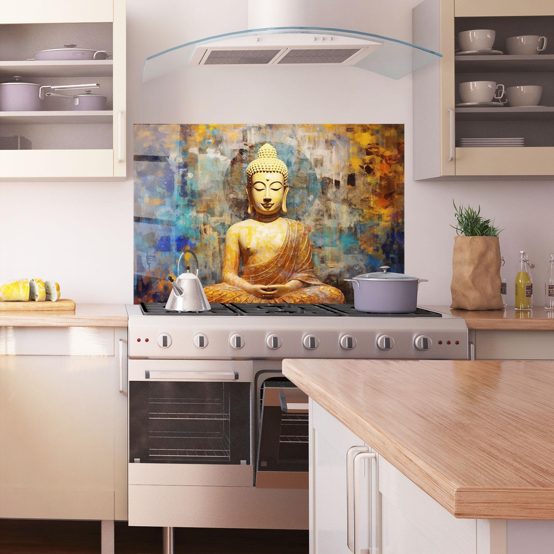 Стъклен панел за кухня Buddha Blue Gold mockup 1