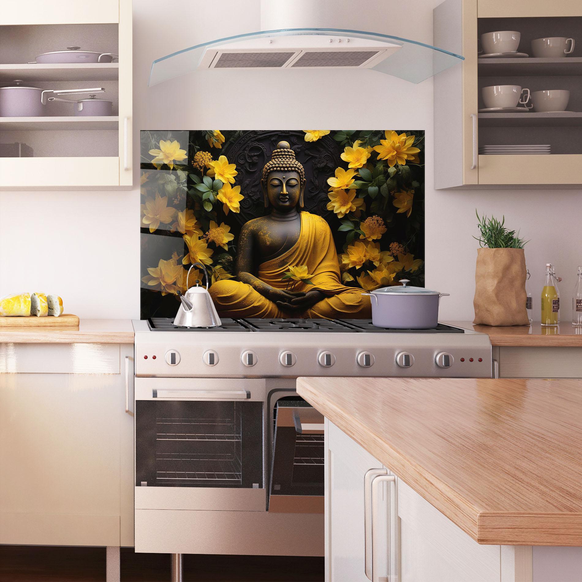 Стъклен панел за кухня Buddha Yellow Statue mockup 1