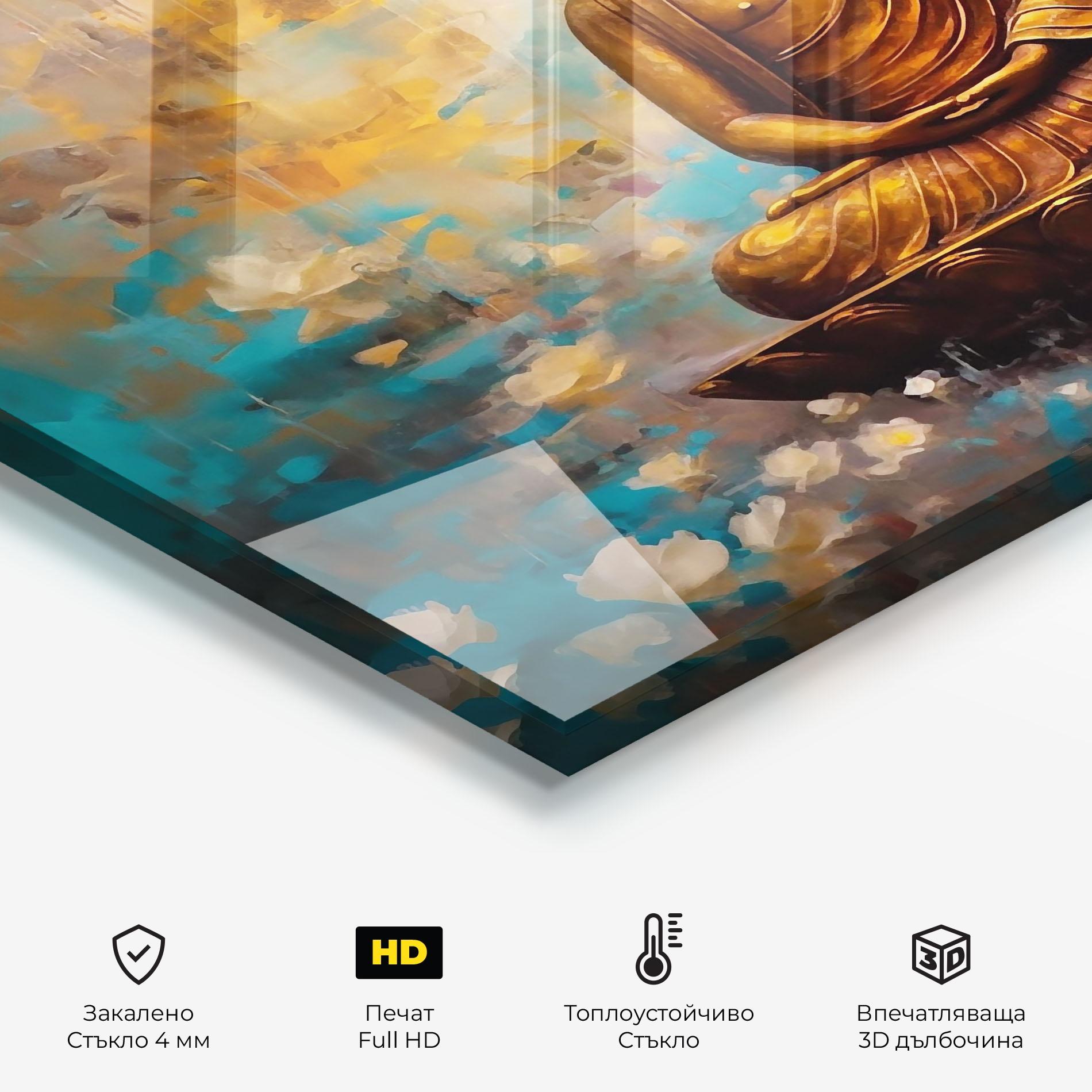 Стъклен панел за кухня Blue Gold Buddha mockup 2