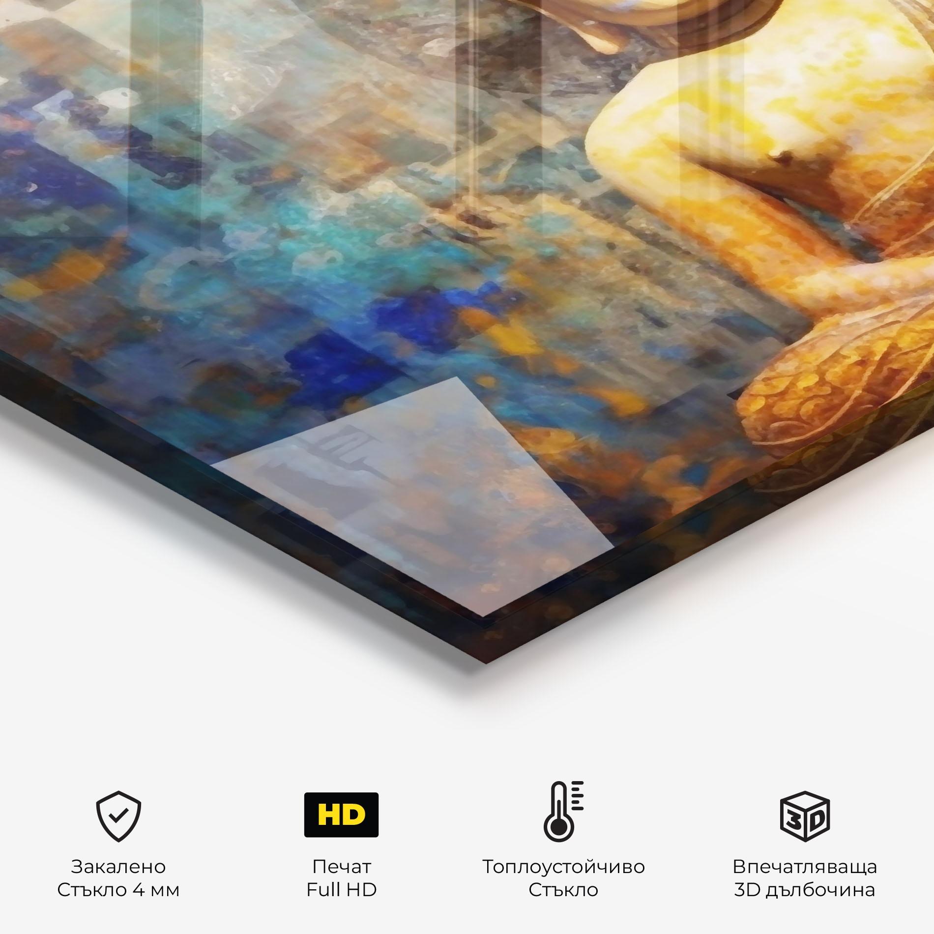 Стъклен панел за кухня Buddha Blue Gold mockup 2