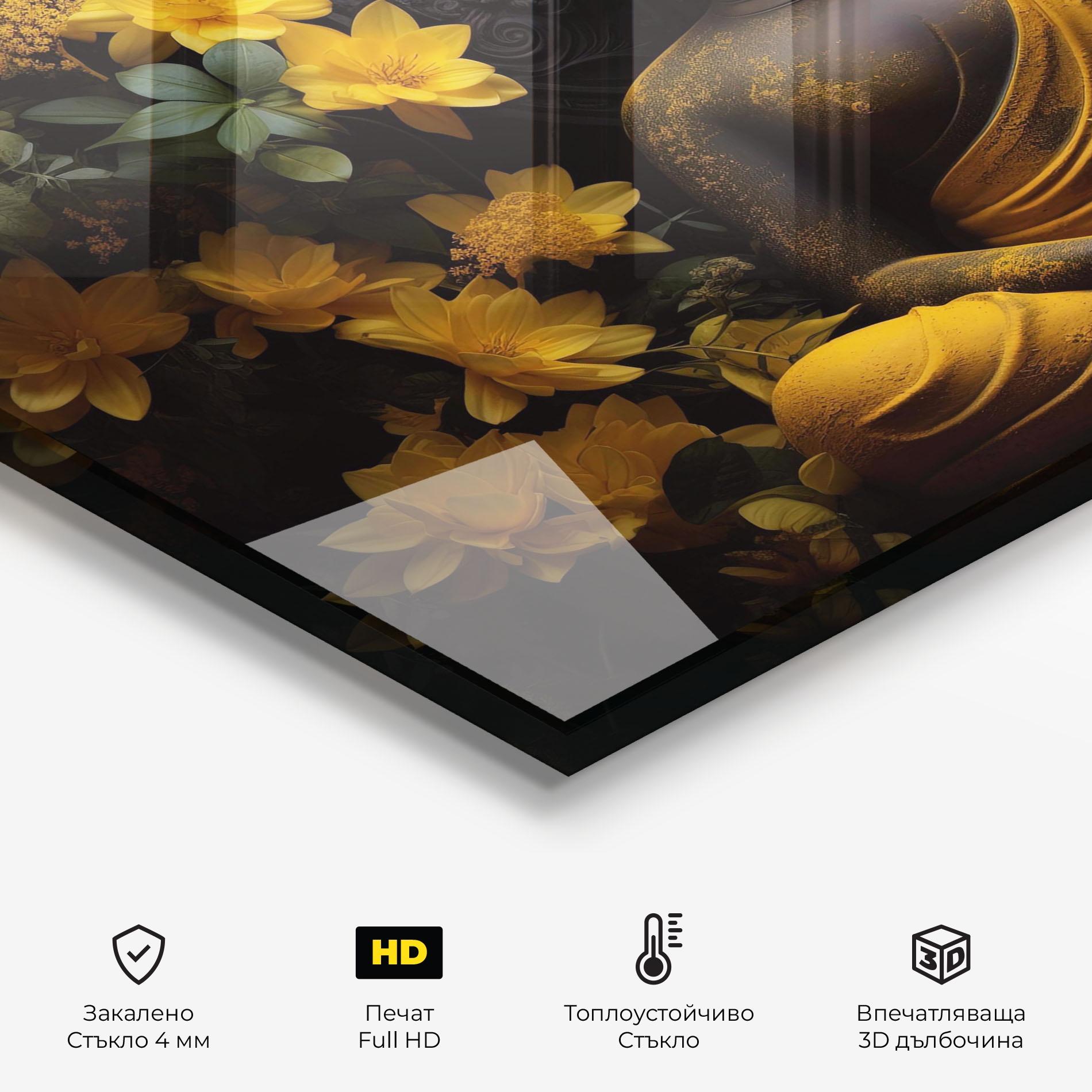 Стъклен панел за кухня Buddha Yellow Statue mockup 2