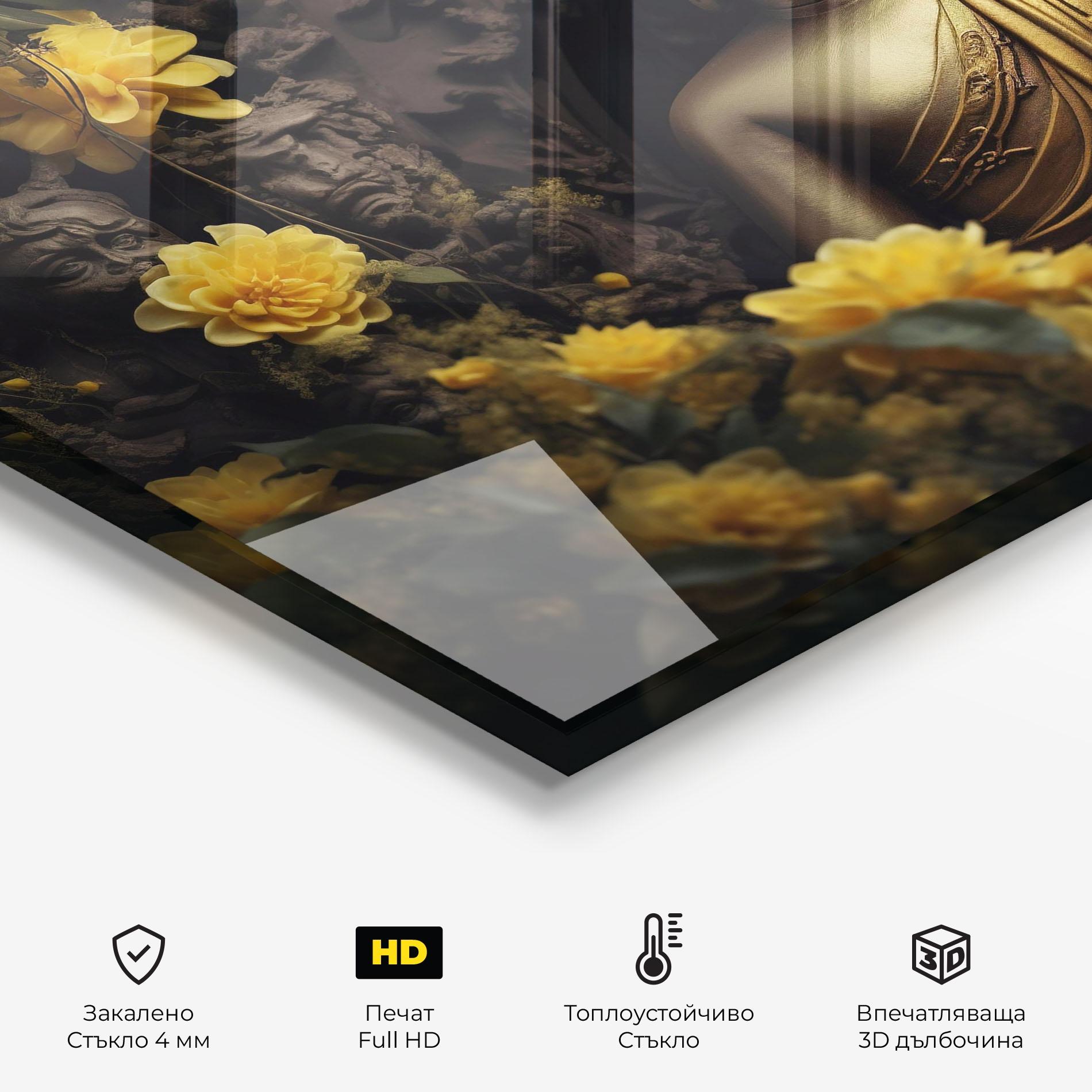 Стъклен панел за кухня Gold Buddha Flowers mockup 2