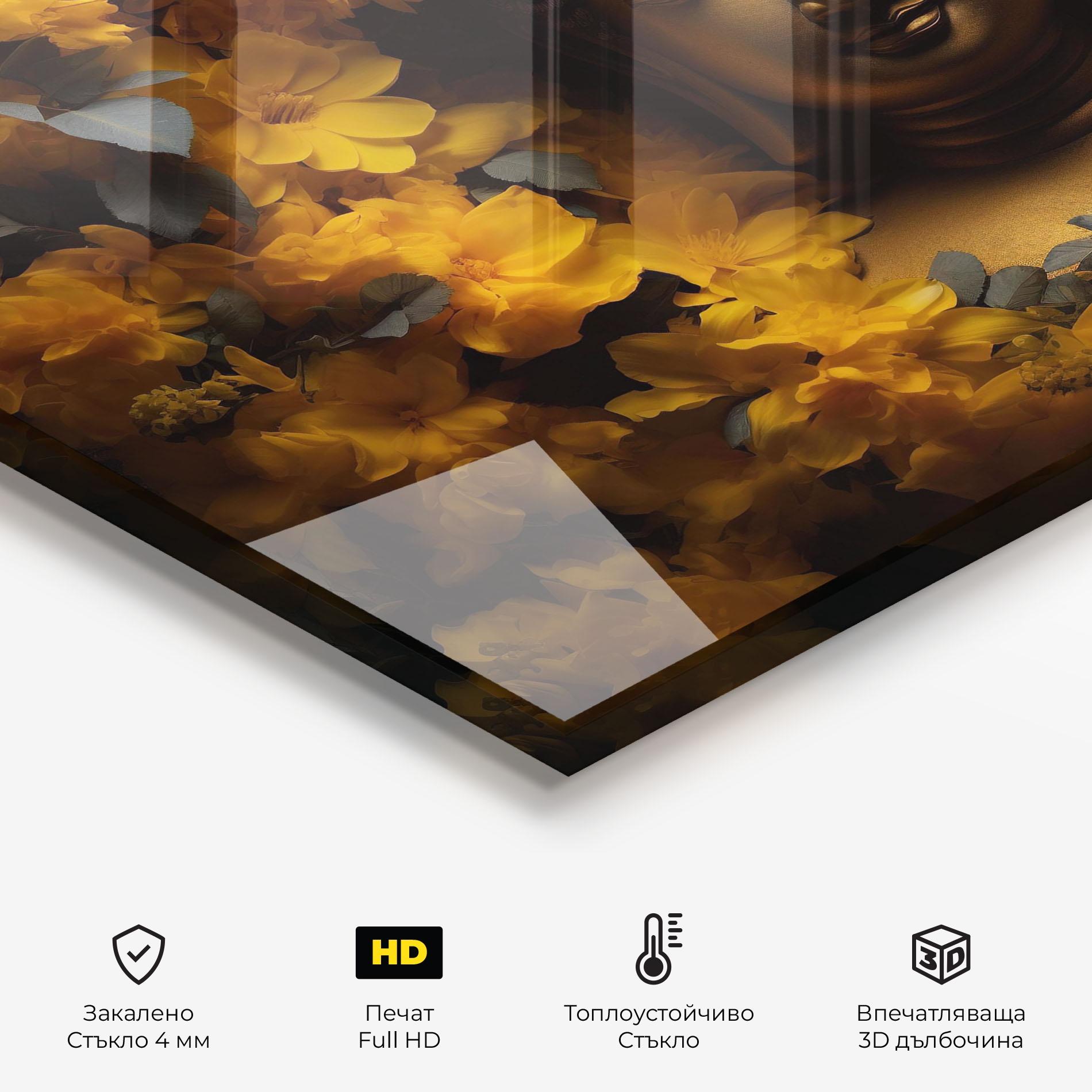 Стъклен панел за кухня Gold Buddha Meditation mockup 2