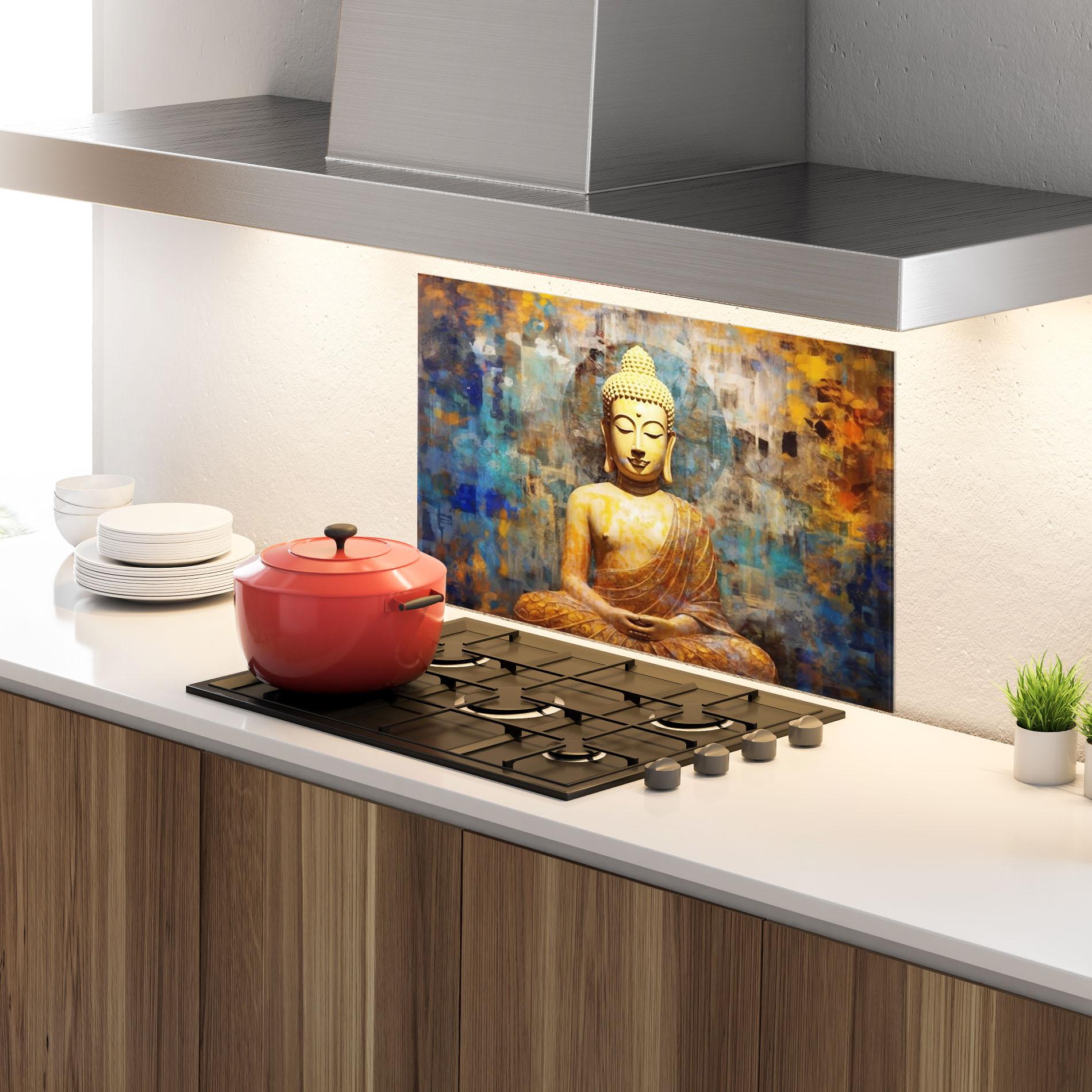 Стъклен панел за кухня Buddha Blue Gold mockup 4
