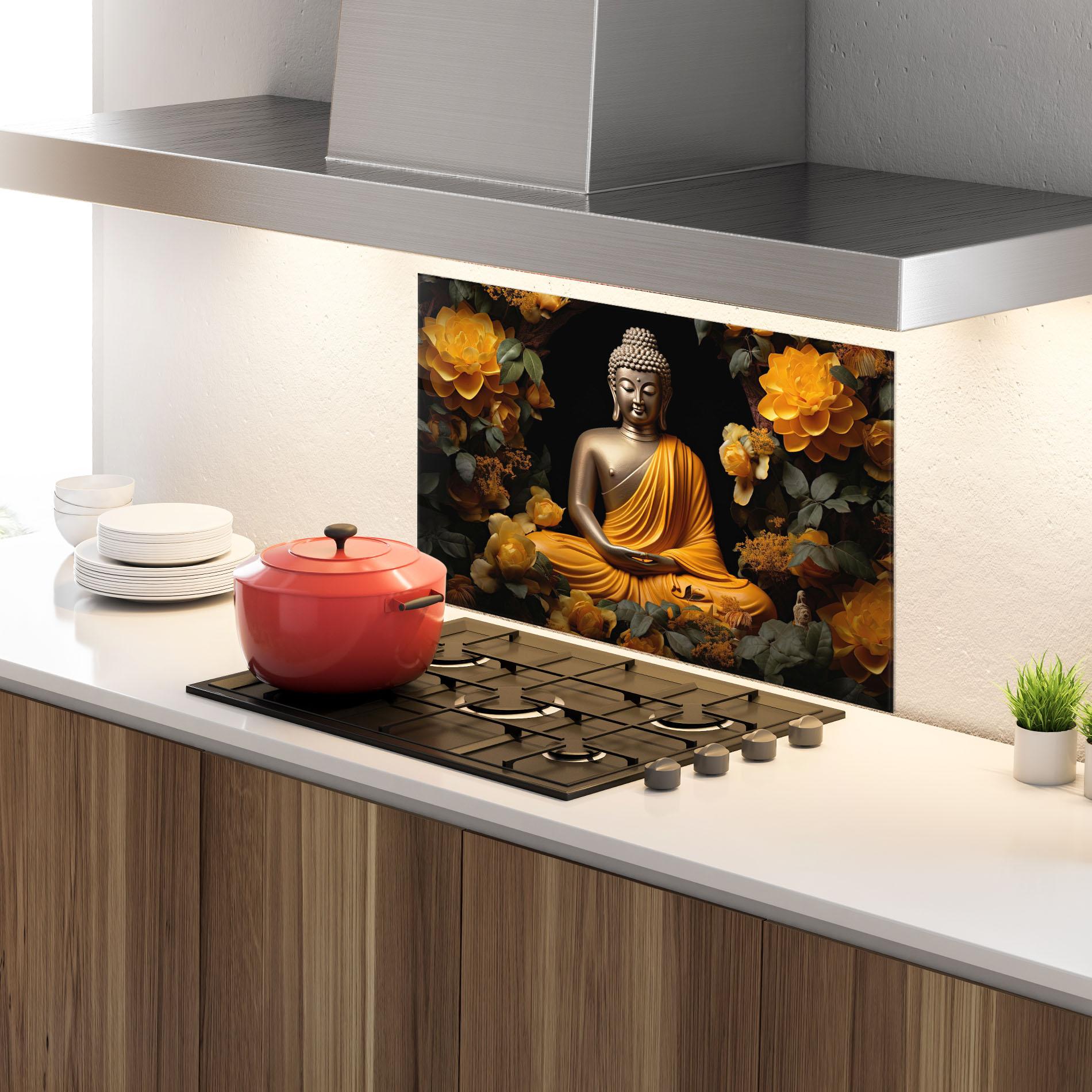 Стъклен панел за кухня Gold Buddha Flower mockup 4