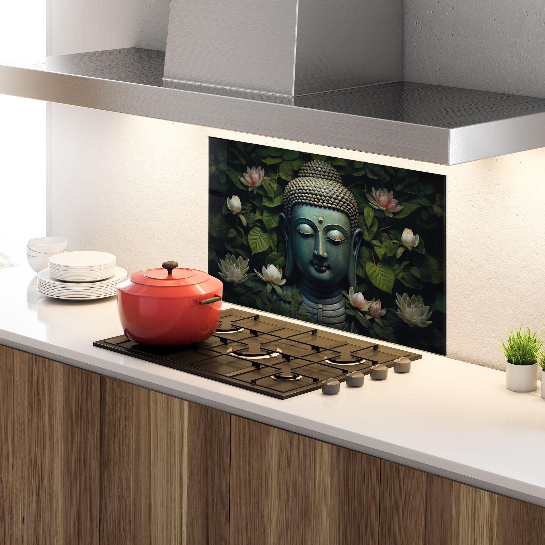 Стъклен панел за кухня Green Statue Buddha mockup 4