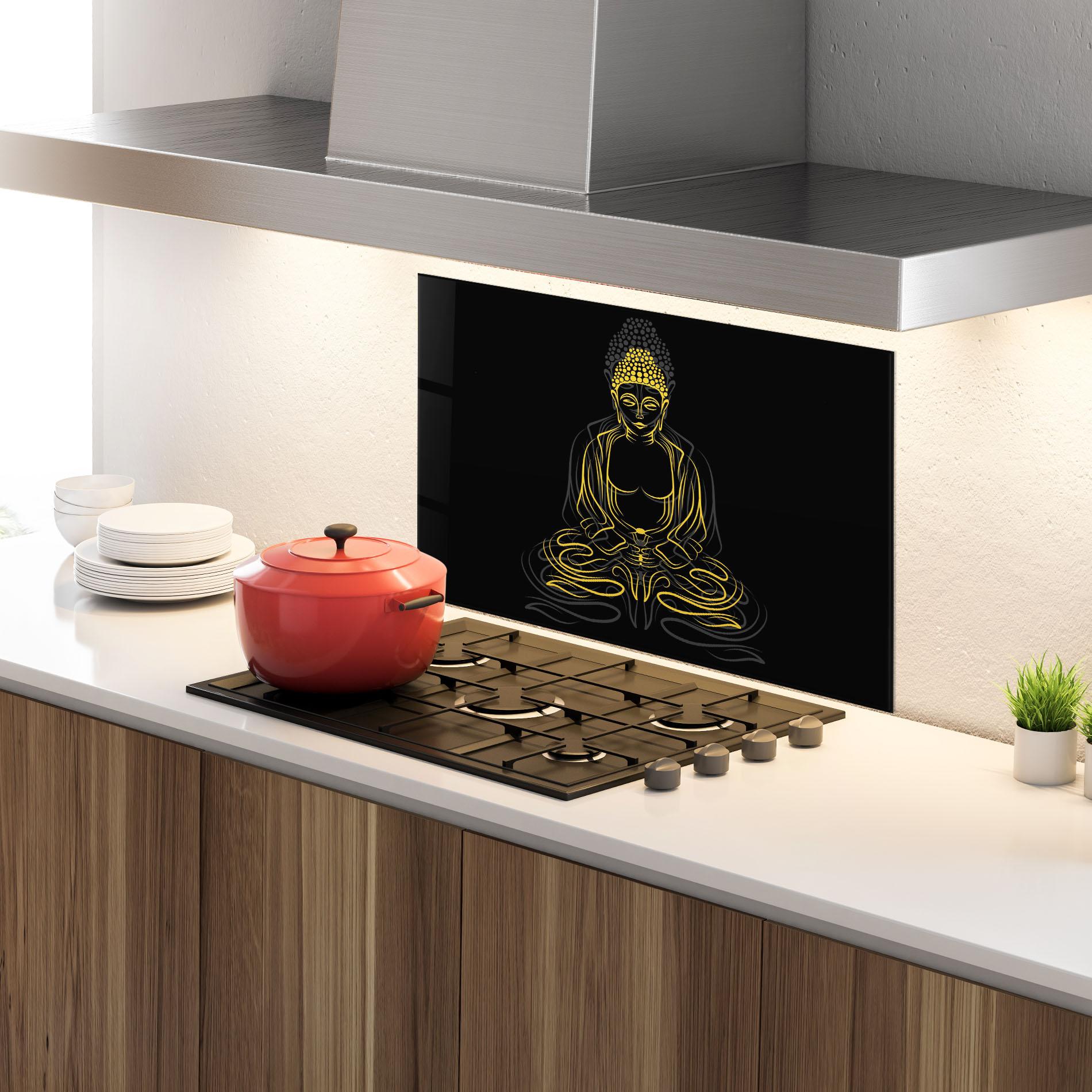 Стъклен панел за кухня Grey Yellow Buddha mockup 4