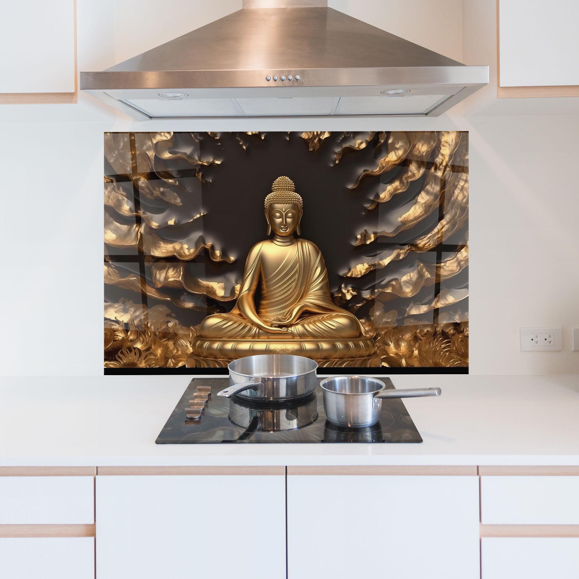 Стъклен панел за кухня Gold 3d Buddha mockup 5