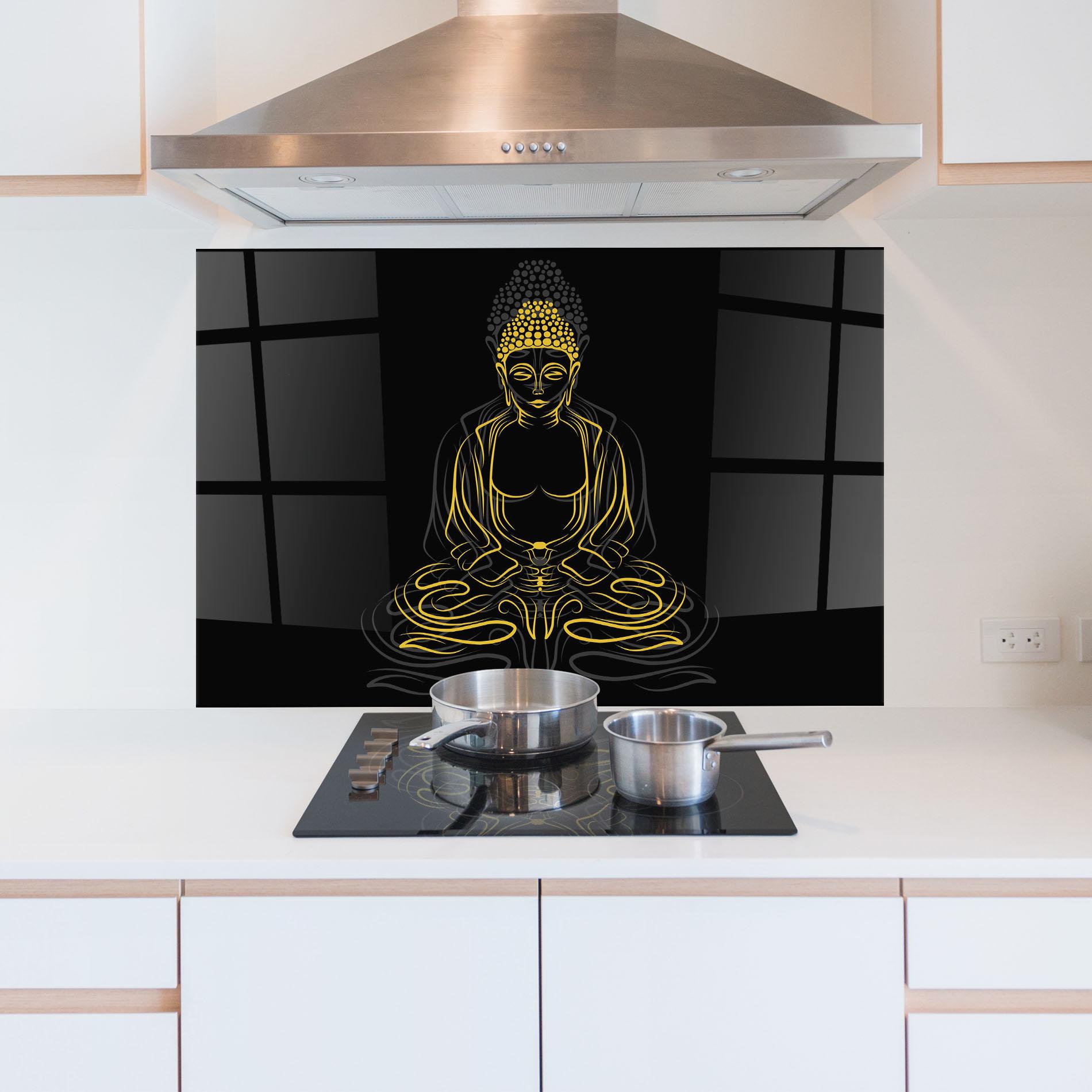 Стъклен панел за кухня Grey Yellow Buddha mockup 5